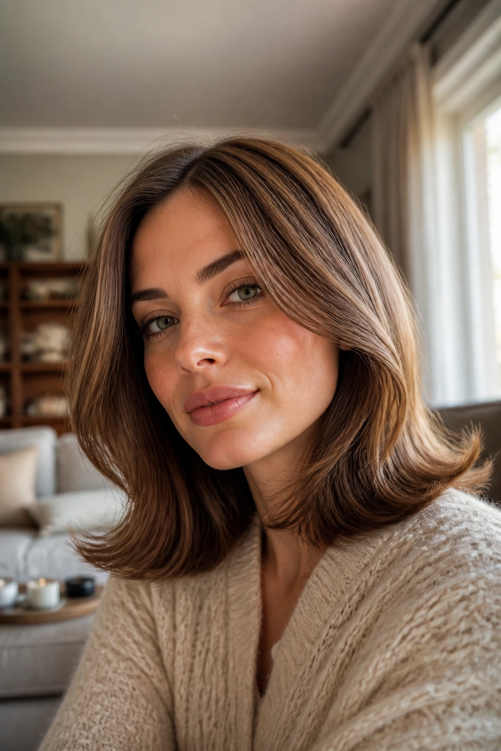 Real woman with modest outward flip at ends in a cozy setting