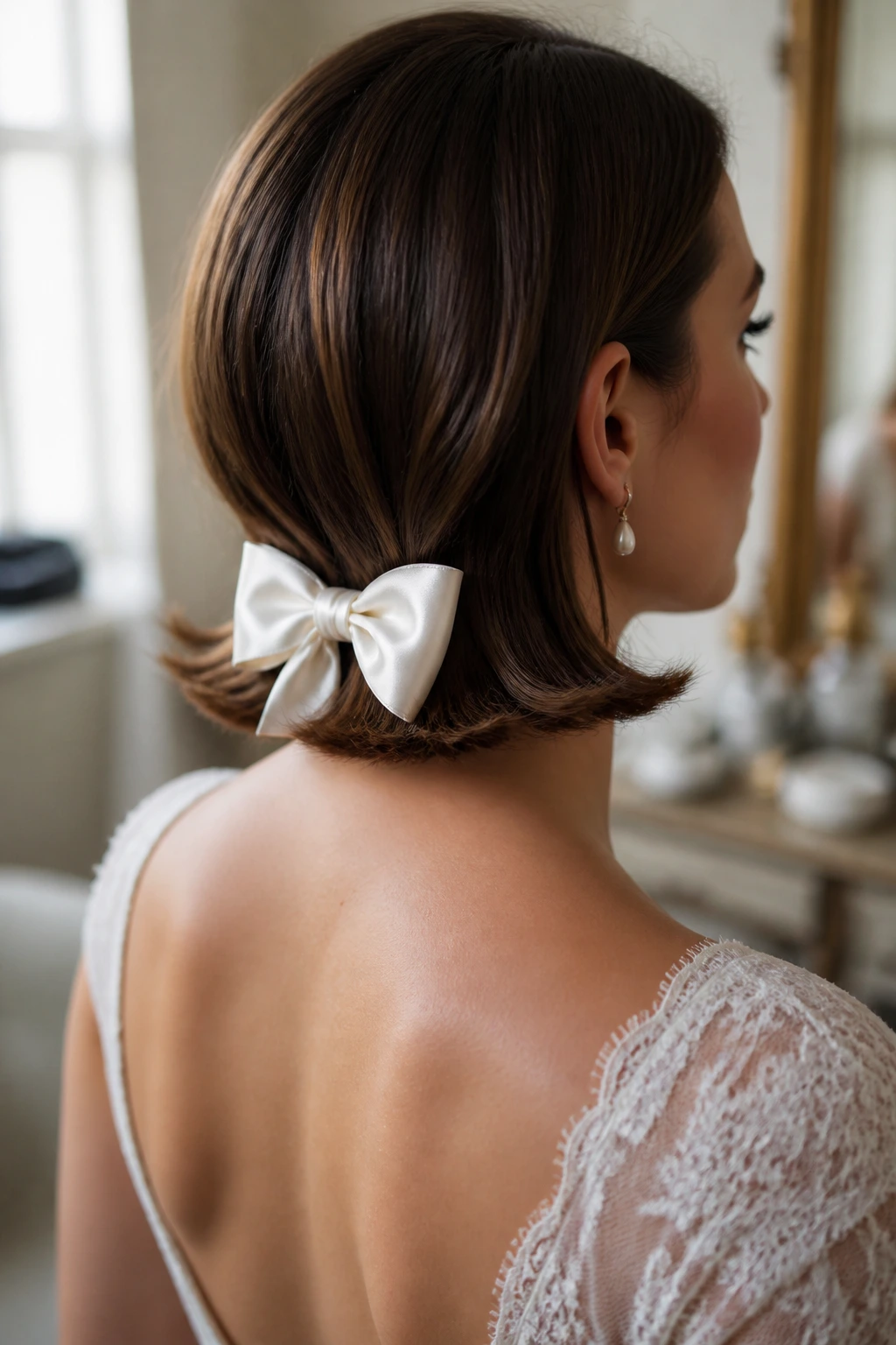 Close-up of a real bride with a flipped-out bob and small satin bow at the nape in a bridal dressing room
