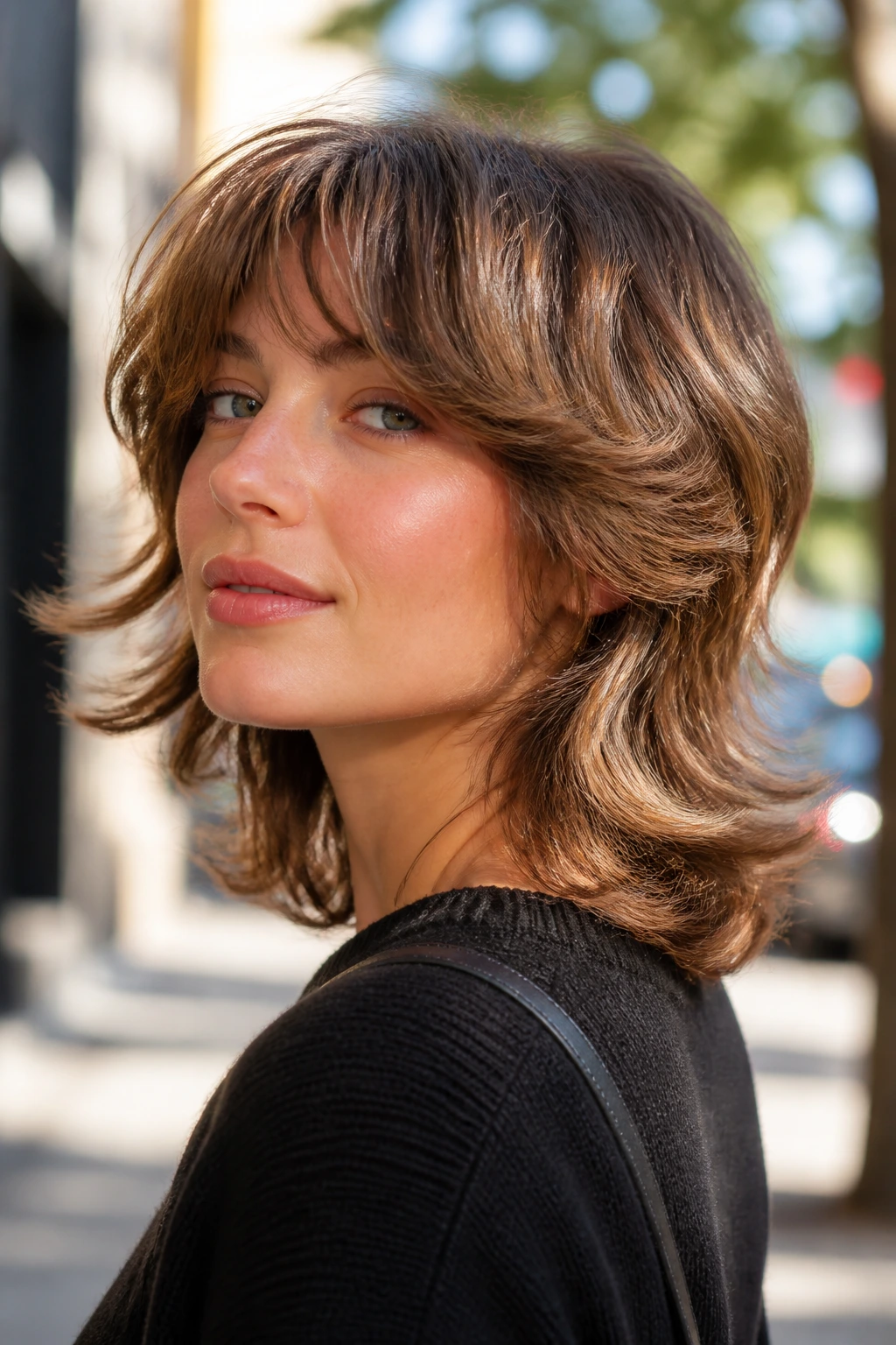 Close-up portrait of a real woman with Flipped-Out Ends Shag in street light