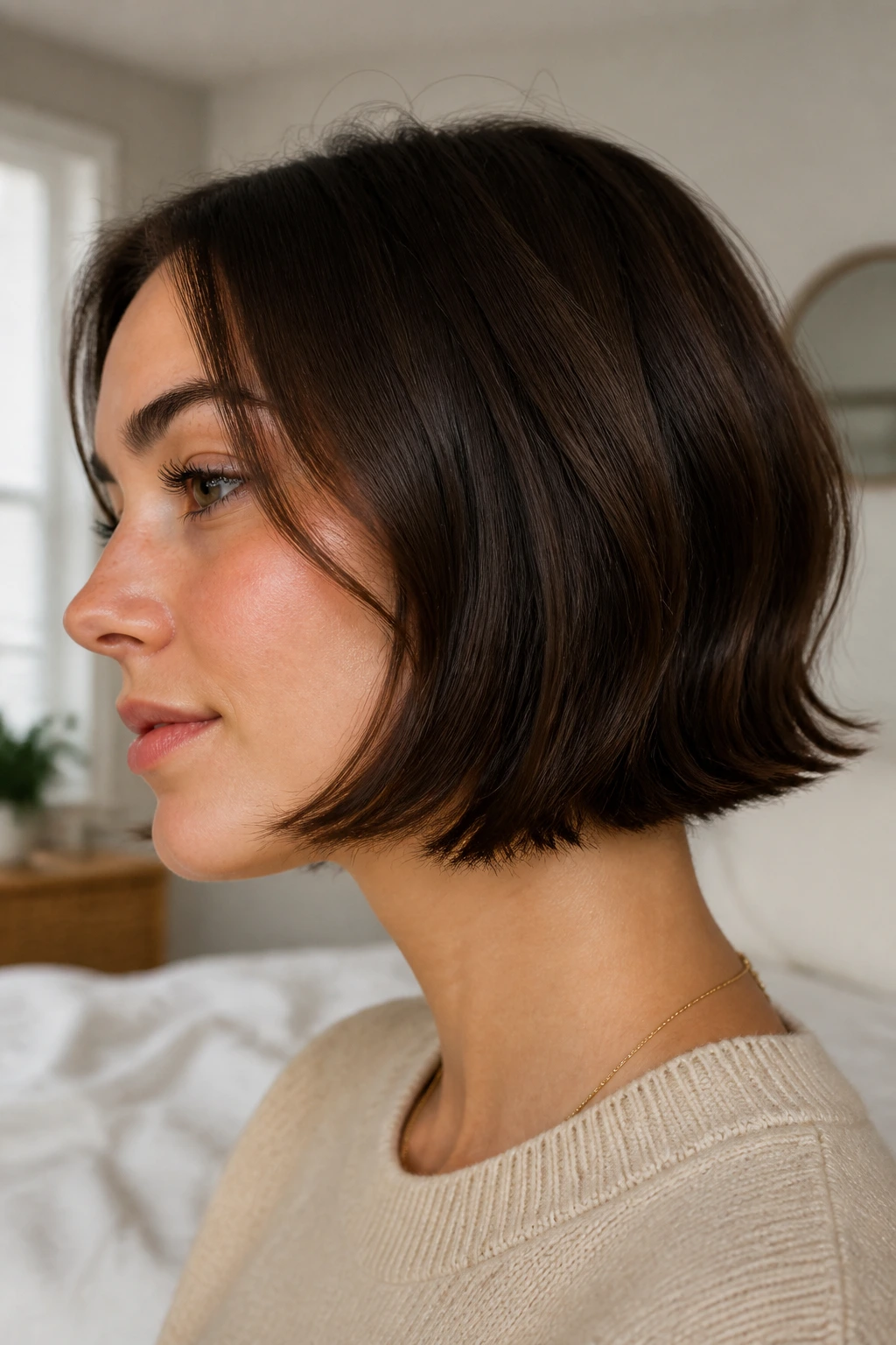Close-up portrait of a woman with a short bob and flipped-out ends under natural window light
