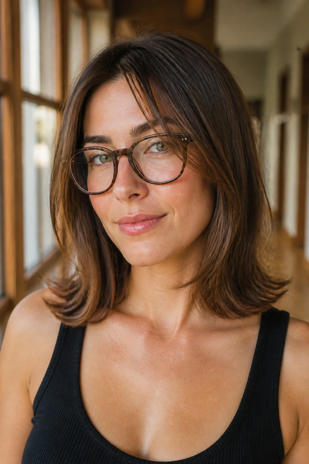 Close-up portrait of a real woman with flipped-out shoulder-length ends.