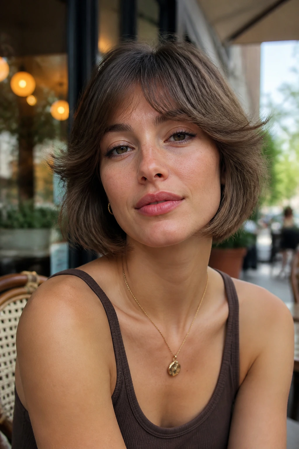 Close-up portrait of a real woman with flipped-out fringe.