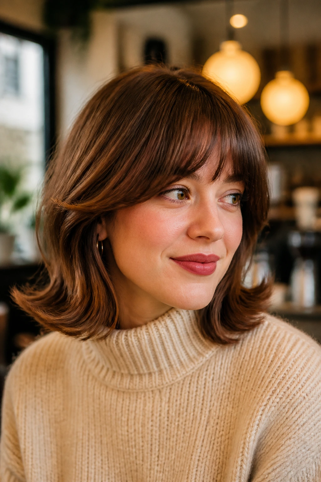 Portrait of a real woman with flipped-out fringe and a retro bend.