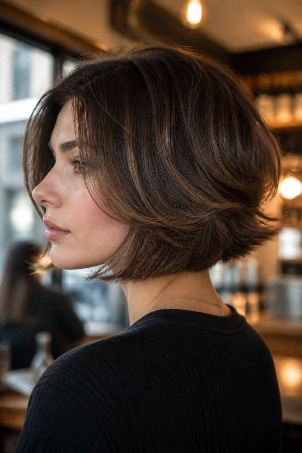 Real woman with flipped-out layered bob side profile