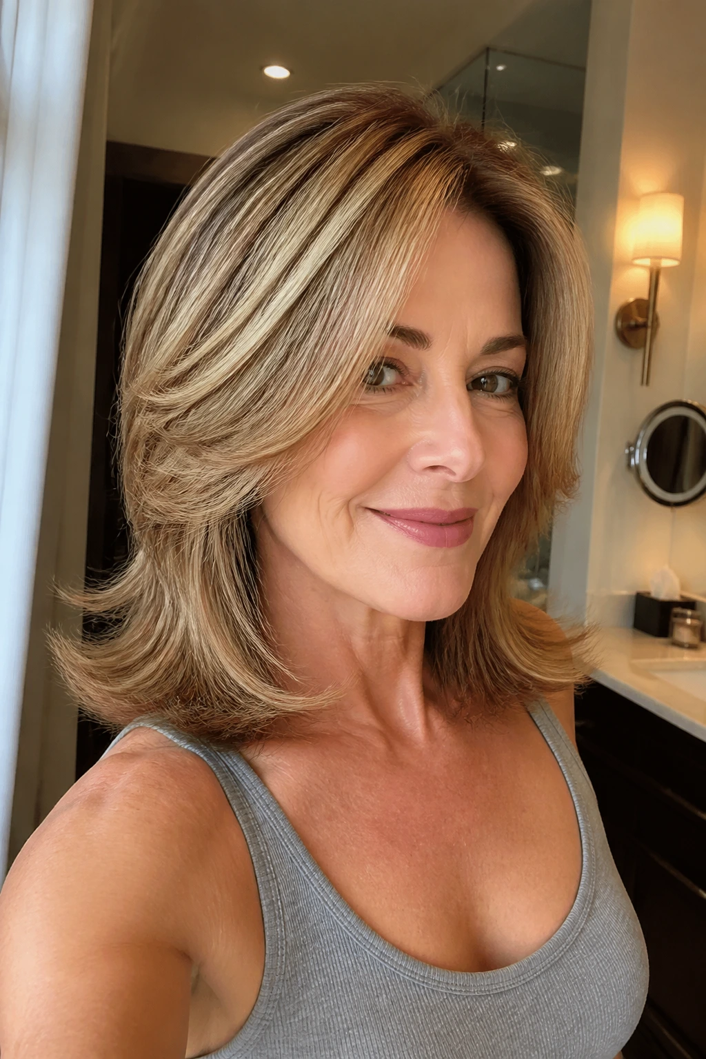 Woman with flipped-out layers and blowout finish in a warm-lit hotel bathroom.