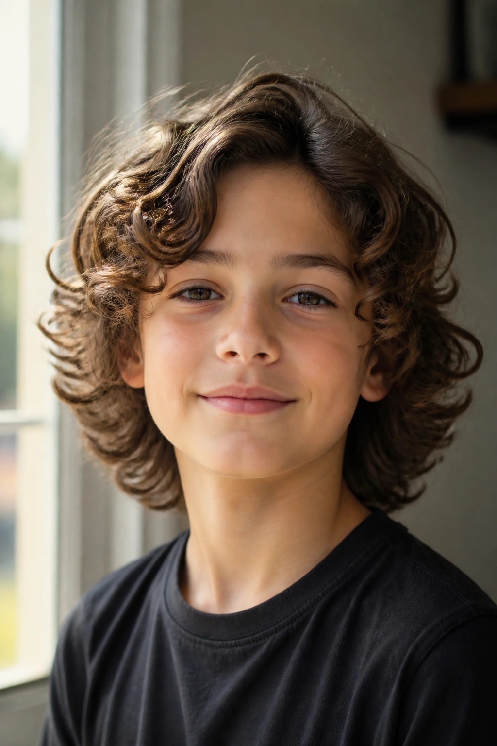Boy with shoulder-length curls showing flipped-out ends and layered silhouette
