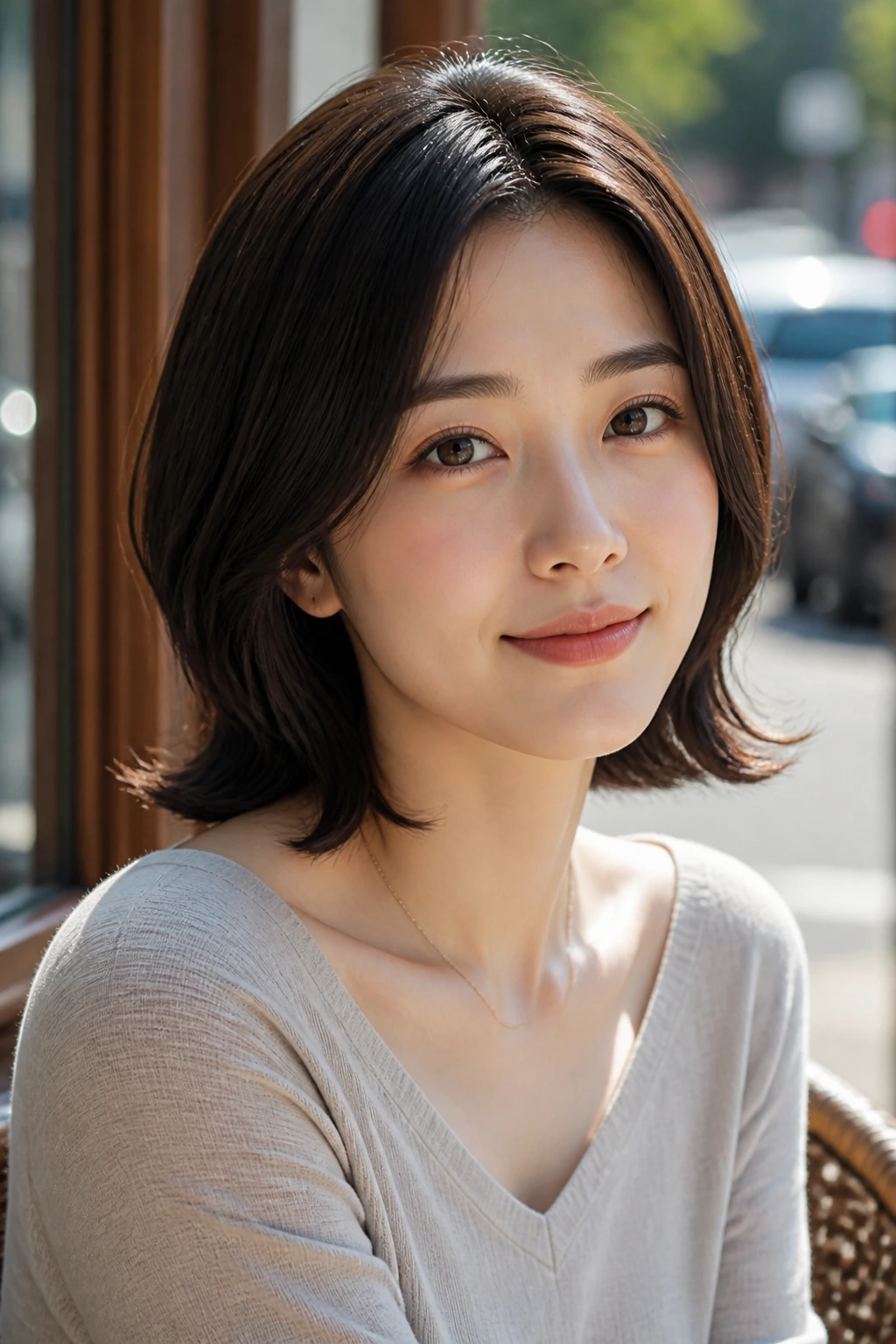 Portrait of a woman with a flipped-out lob in natural light.