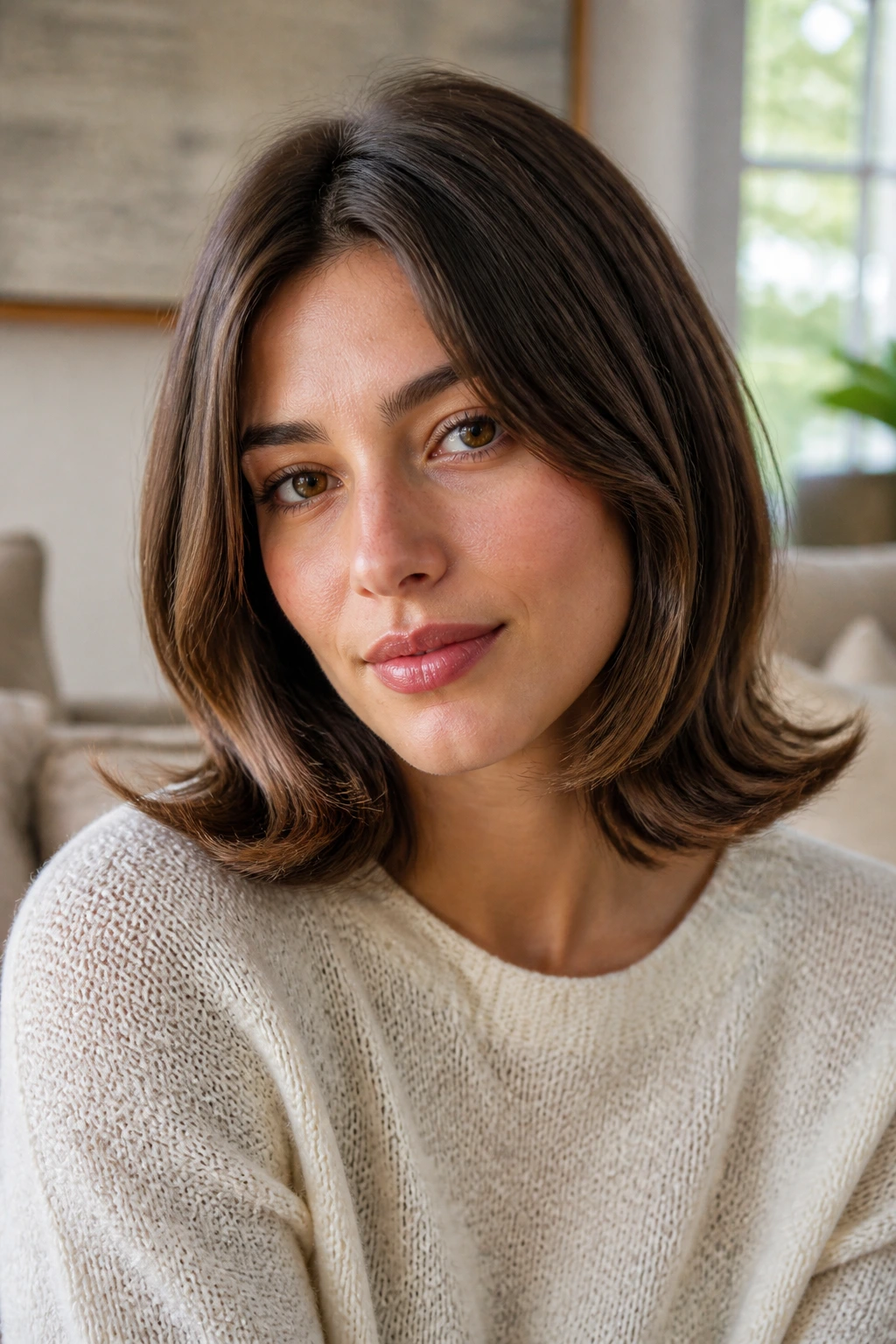 Close-up portrait of a real woman with a flipped-out lob at shoulder length in warm window light