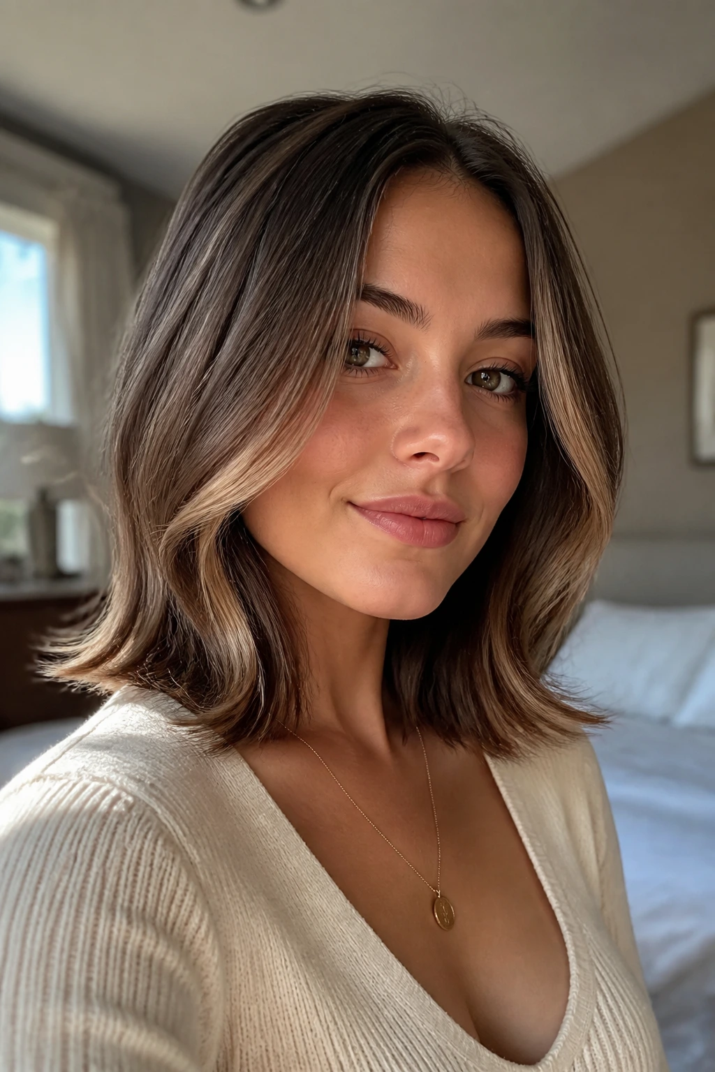 Close-up of a real woman with a flipped-out shoulder-length lob under soft side window light