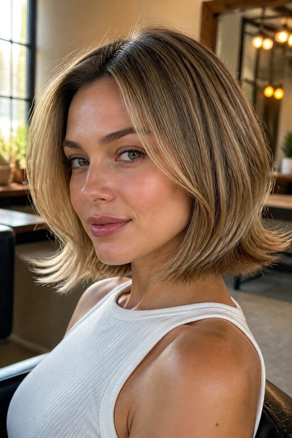 Close-up of a real woman with flipped-out lob ends creating volume