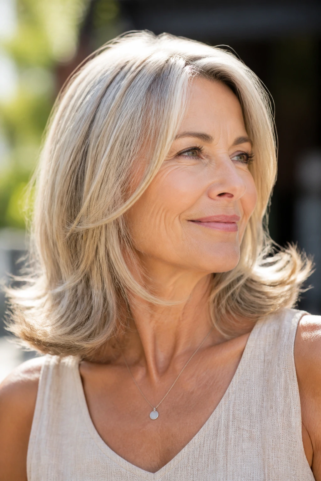 Real woman with flipped-out shoulder cut in bright outdoor light
