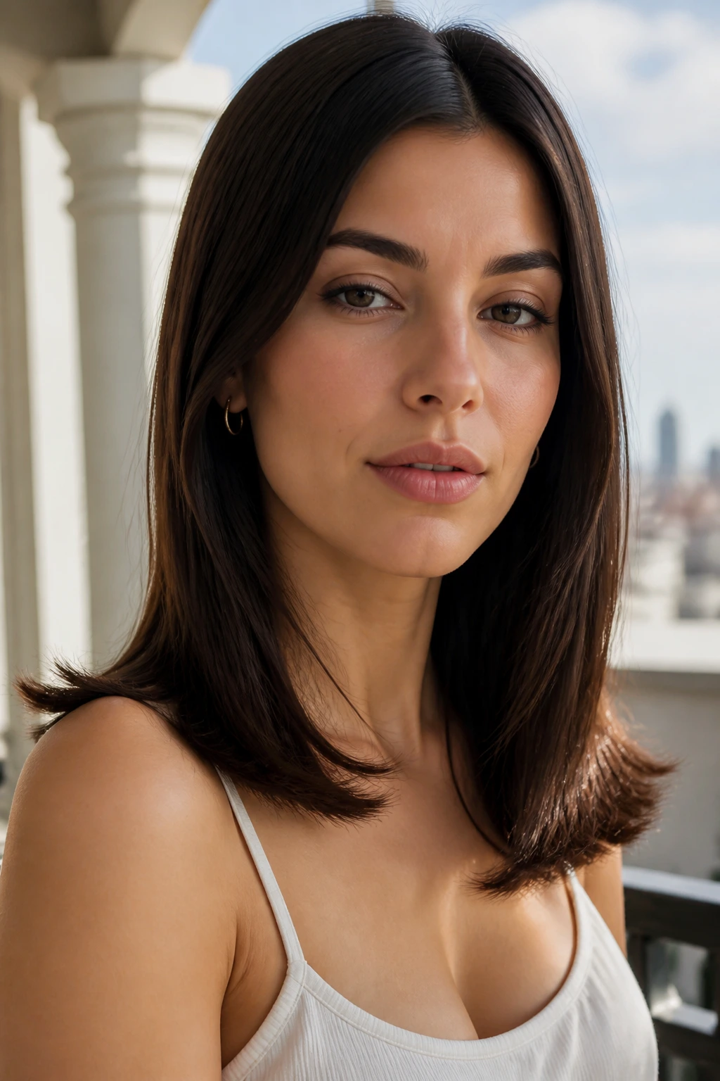 Close-up of a real woman with flipped-out ends on straight hair outdoors