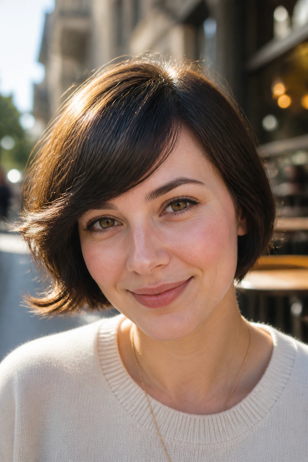 Close-up portrait of a real woman with flipped-out swoop bangs