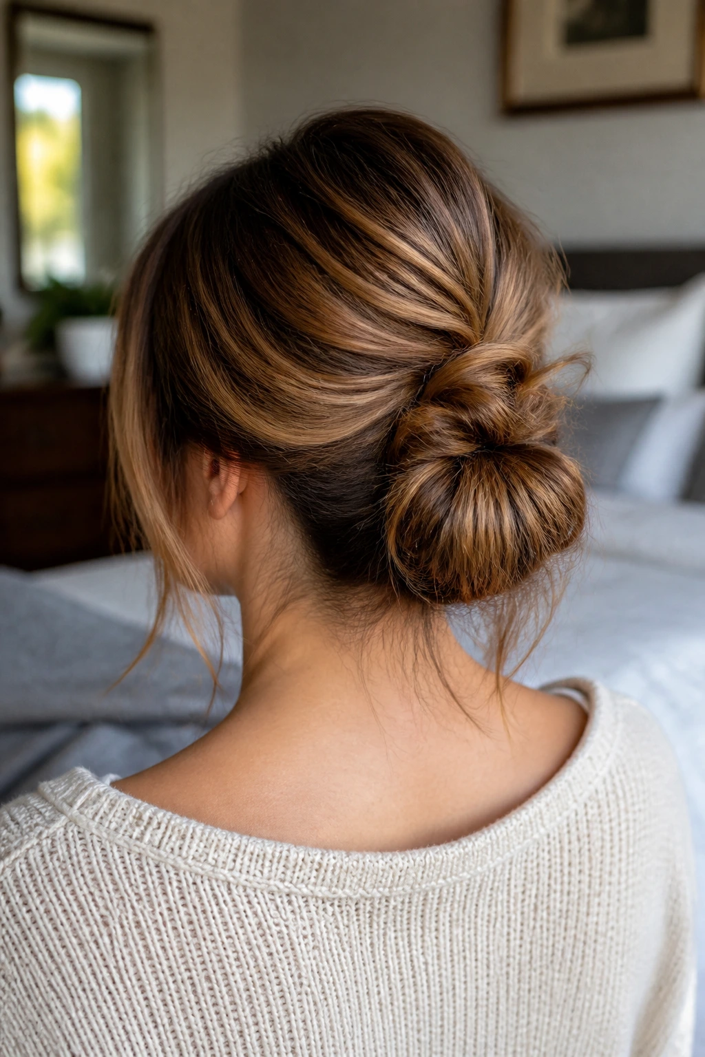 Close-up back of head showing a flipped-through bun on a real person