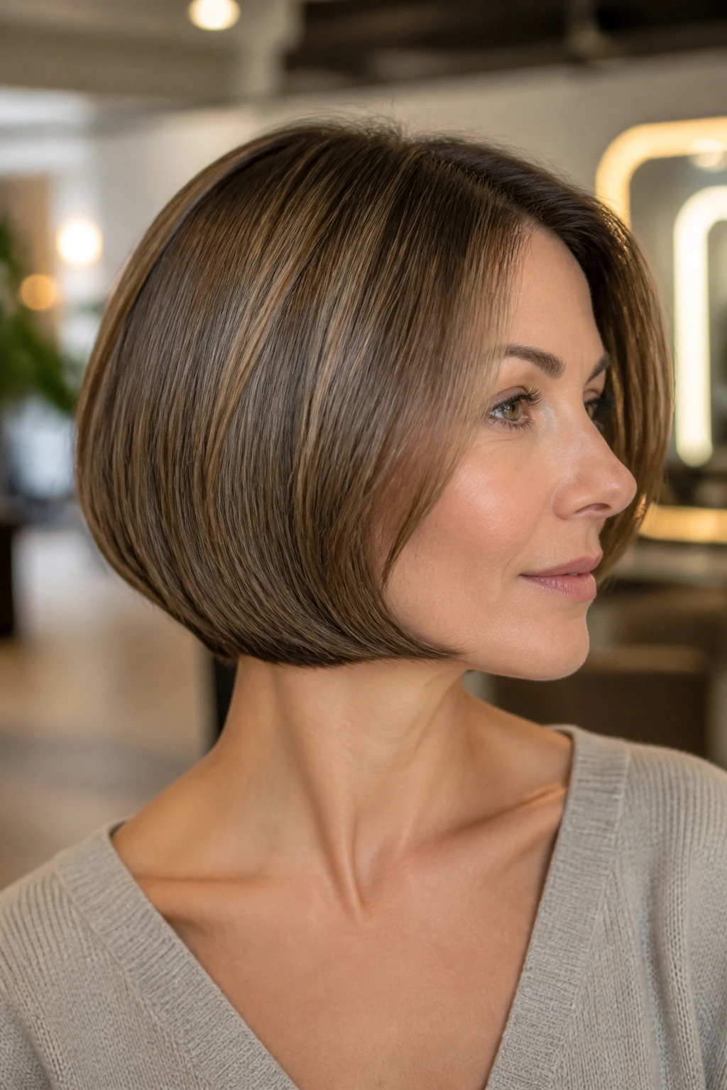 Portrait of a woman with a flipped-under bob showing tucked ends in side profile.