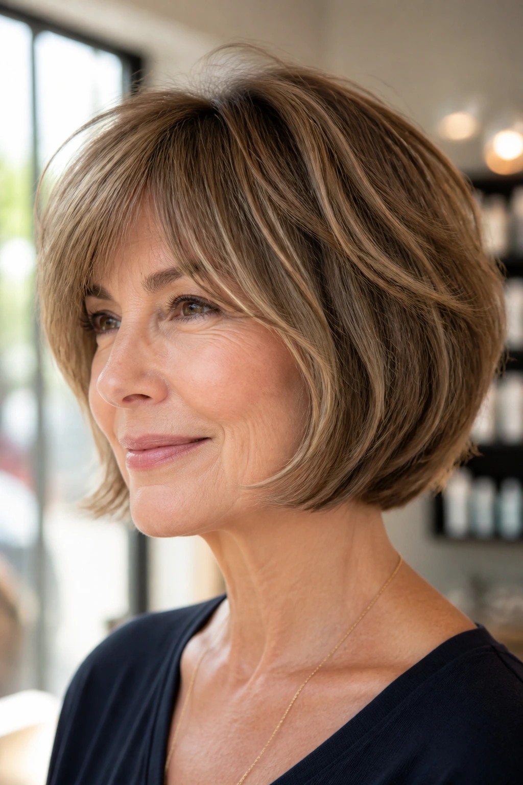 Close-up of a real woman with a flipped-under choppy bob and jaw-flip in warm window light