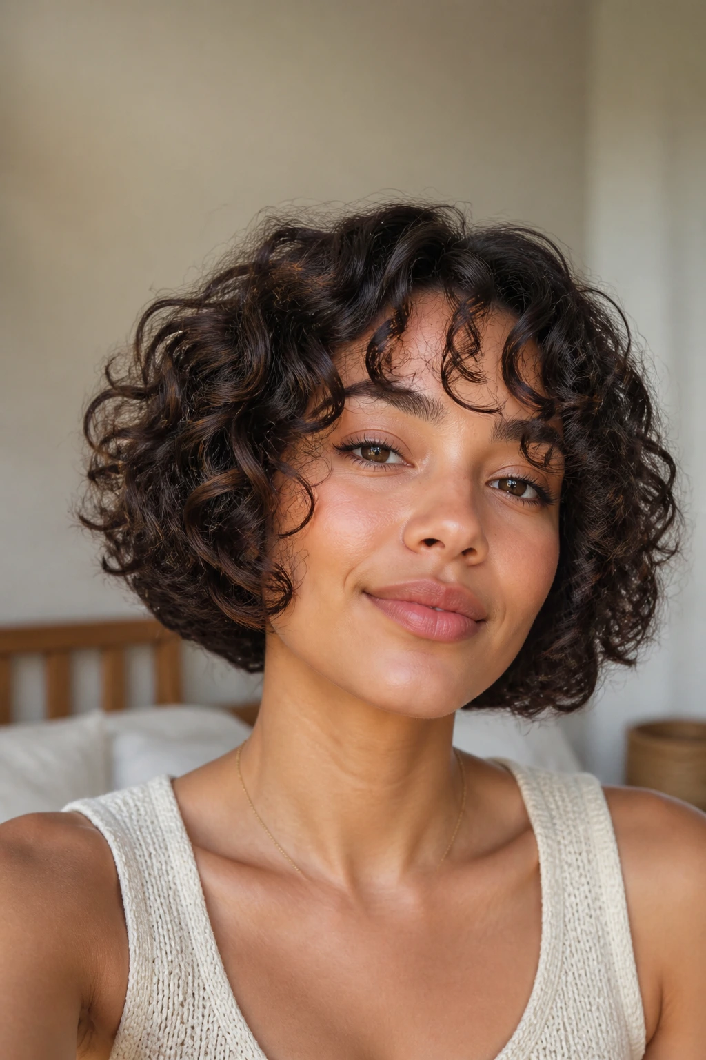 Close-up of a real woman with a flipped-under curly bob showing tucked-under ends.