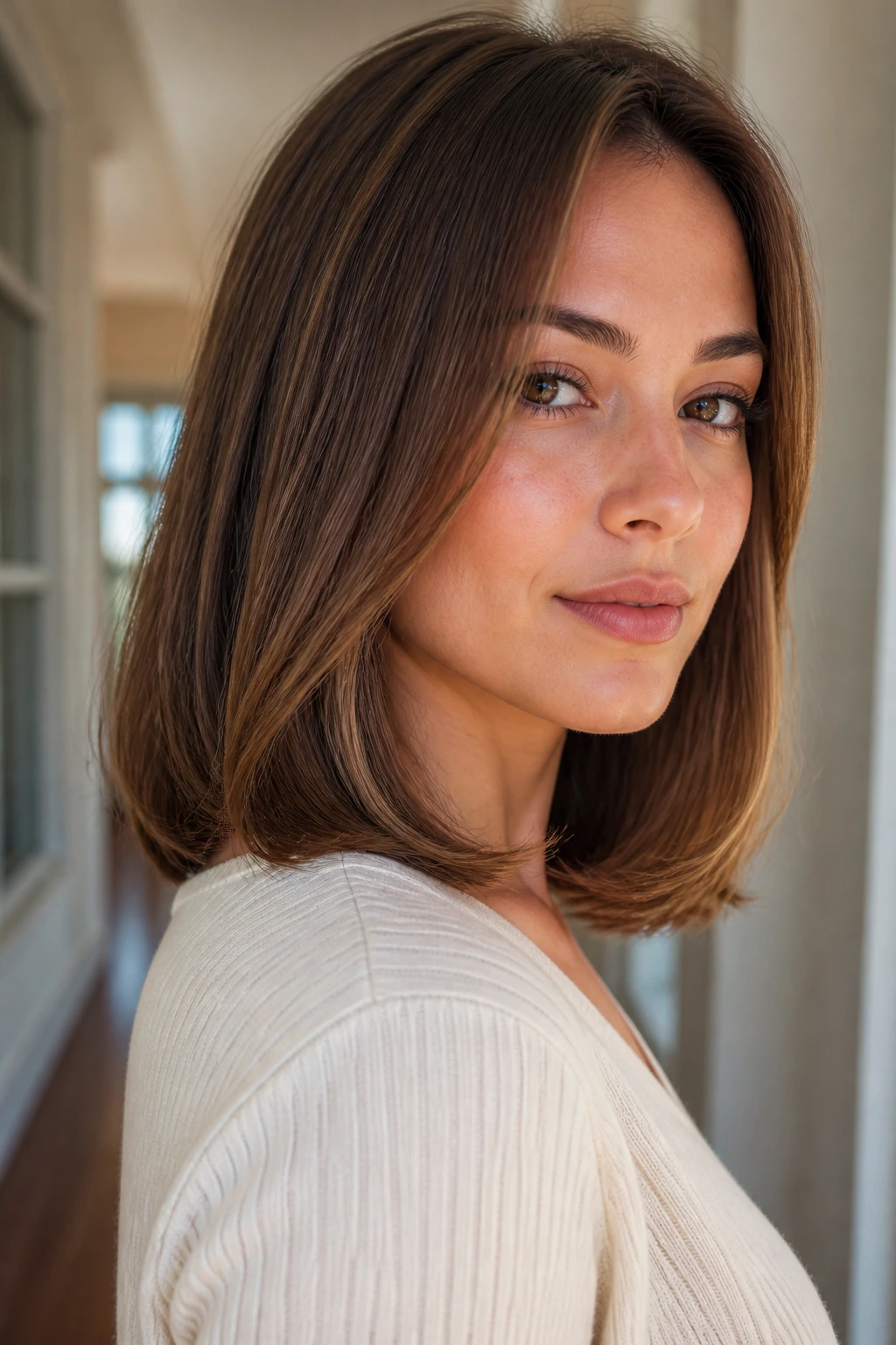 Close-up of a real woman with a flipped-under lob showing inward curve