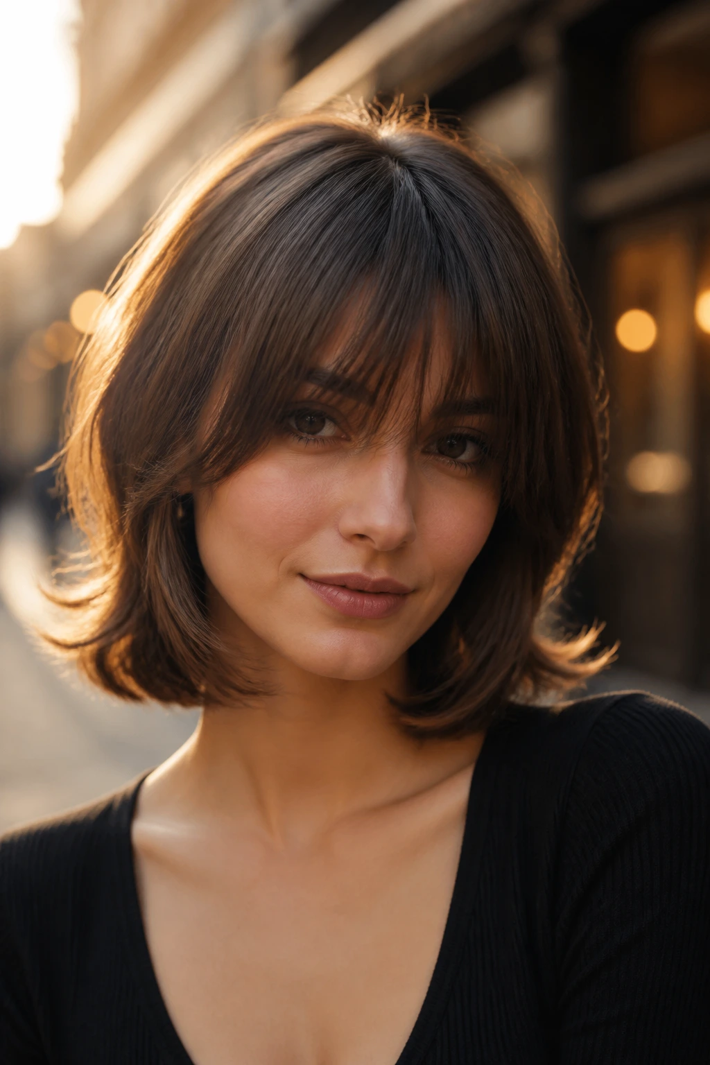 Real woman with flipped-under shag and eye-skimming bangs on city street at golden hour.