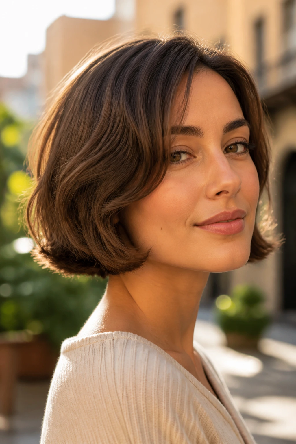 Portrait of a person with a flipped-under short cut.