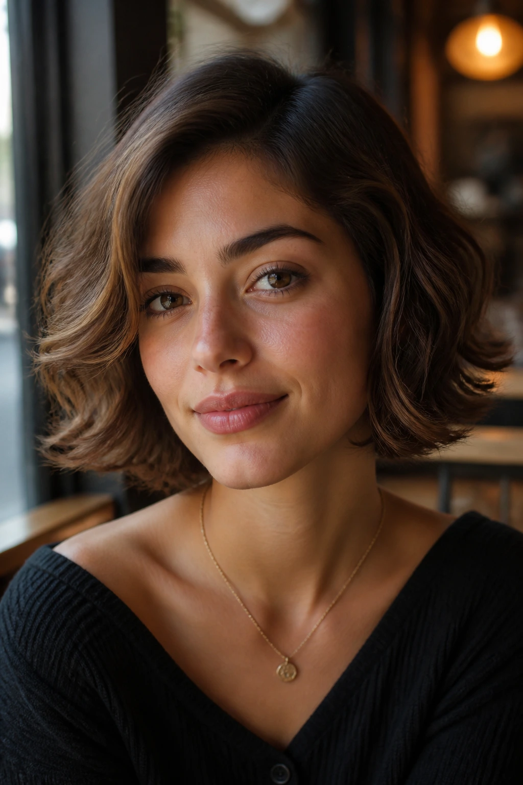 Real person with chin-length bob and flipped ends in natural light
