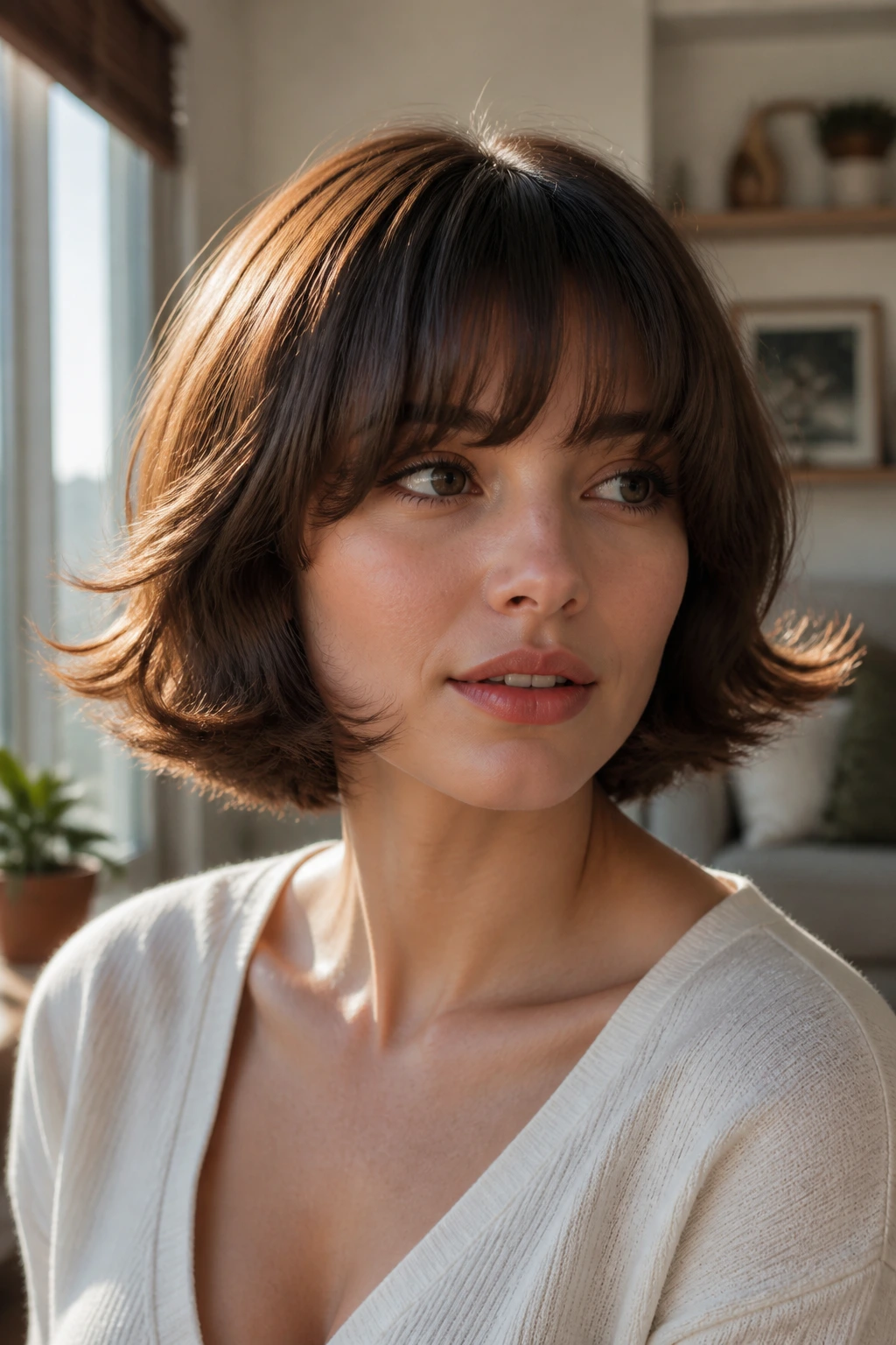 Real woman with flippy bob and rounded fringe in natural light.