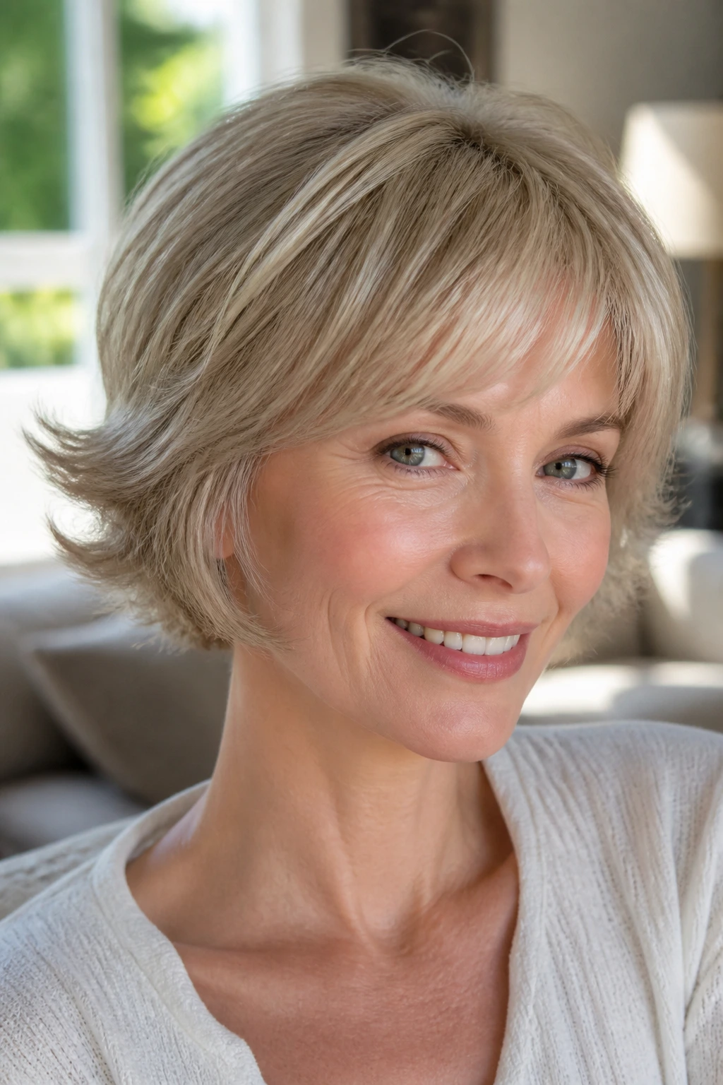 Portrait of a woman with flippy-ends pixie bob in window-lit living room