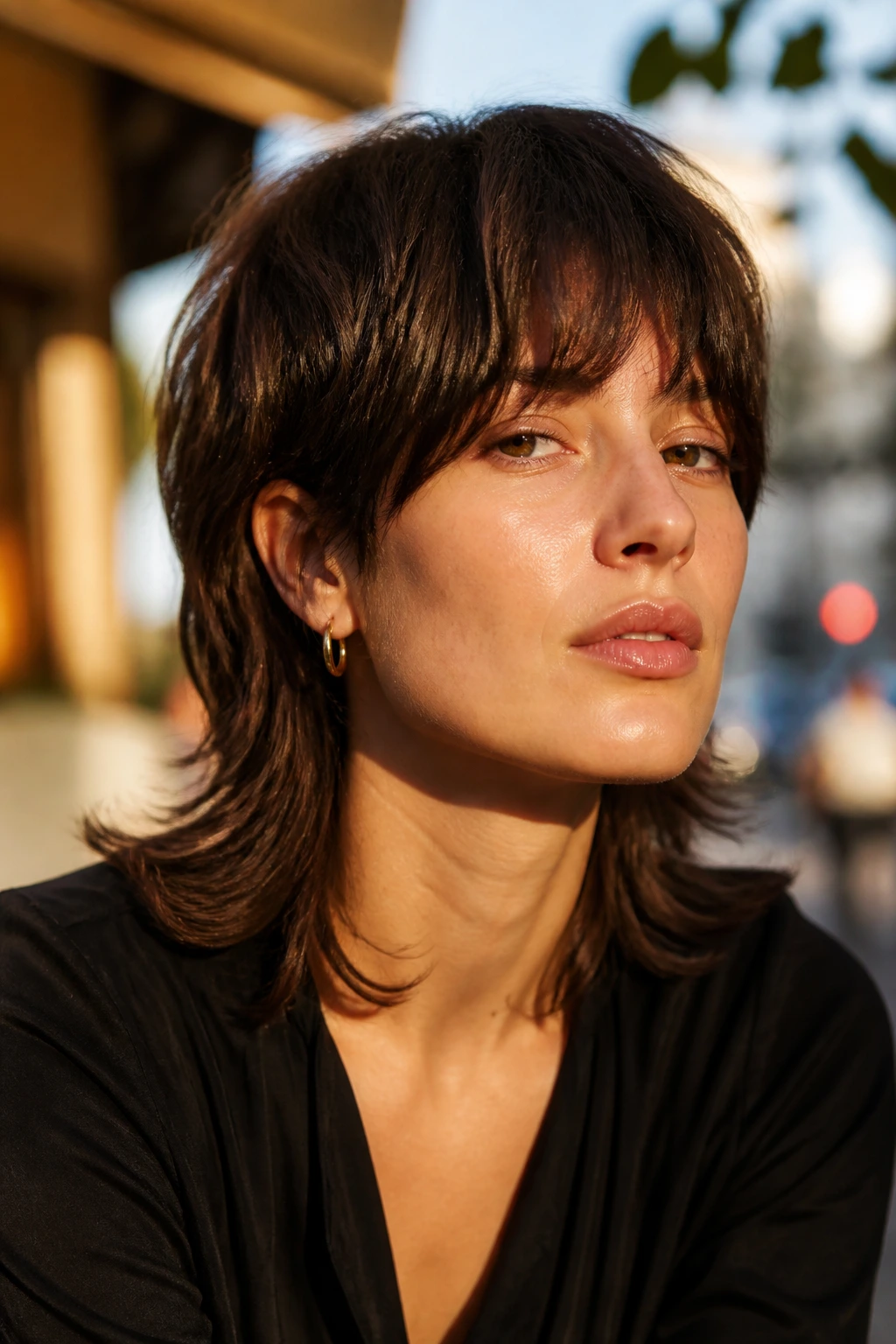 Close-up portrait of a real person with flippy ends shag mullet under warm light