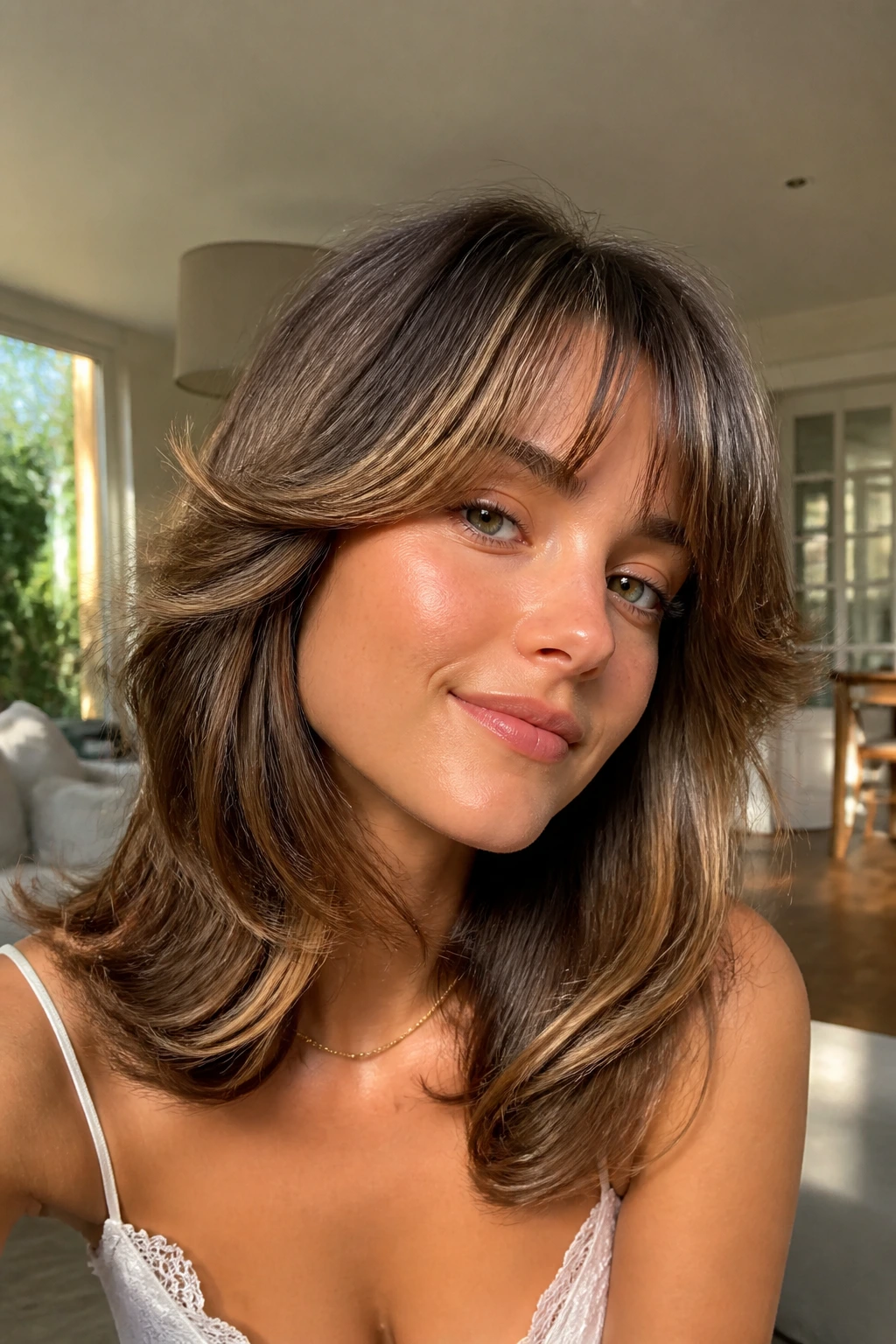 Close-up of a real person with flippy fringe flicking outward at the ends