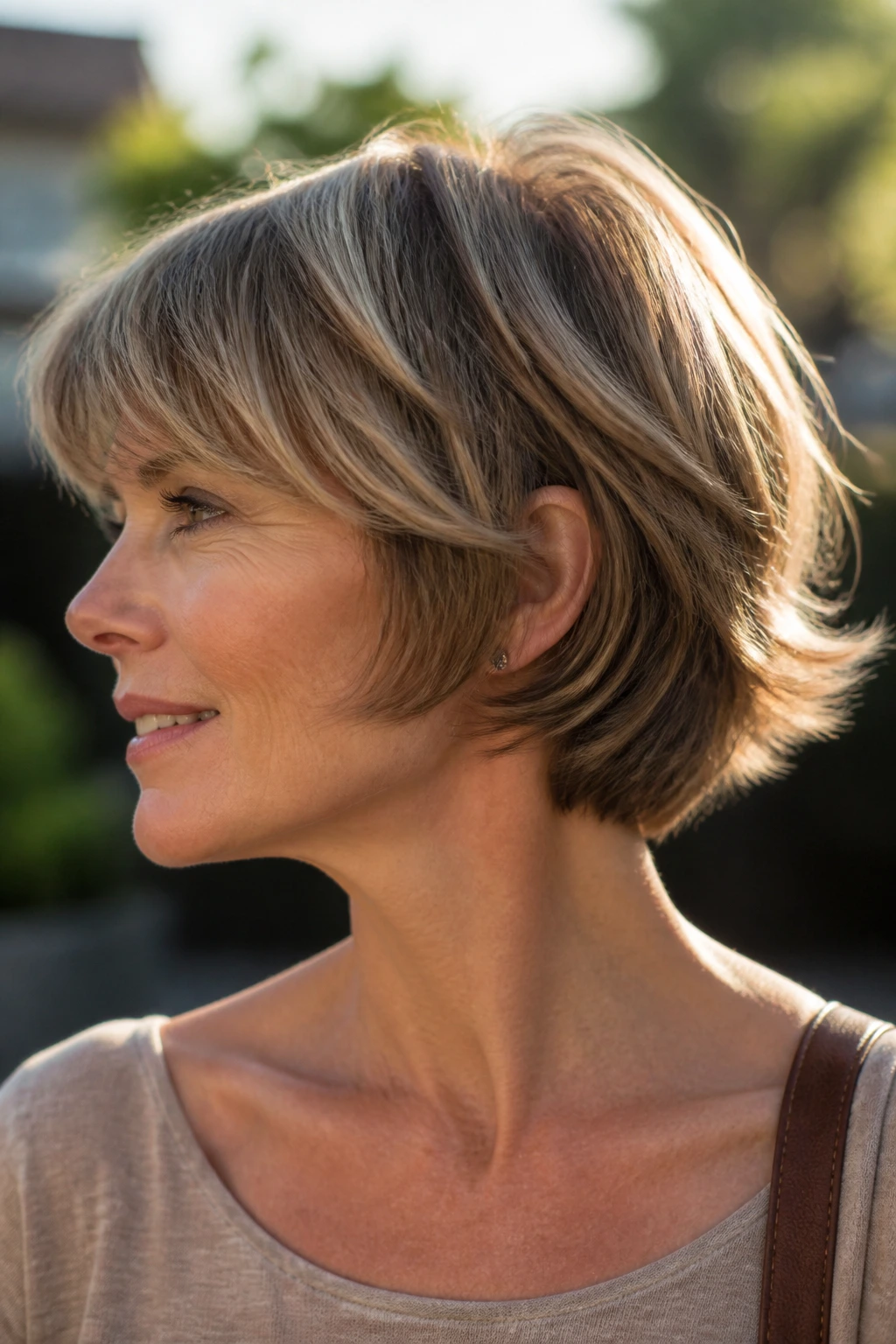 Close-up of real woman with a pixie bob featuring flipped-out ends.