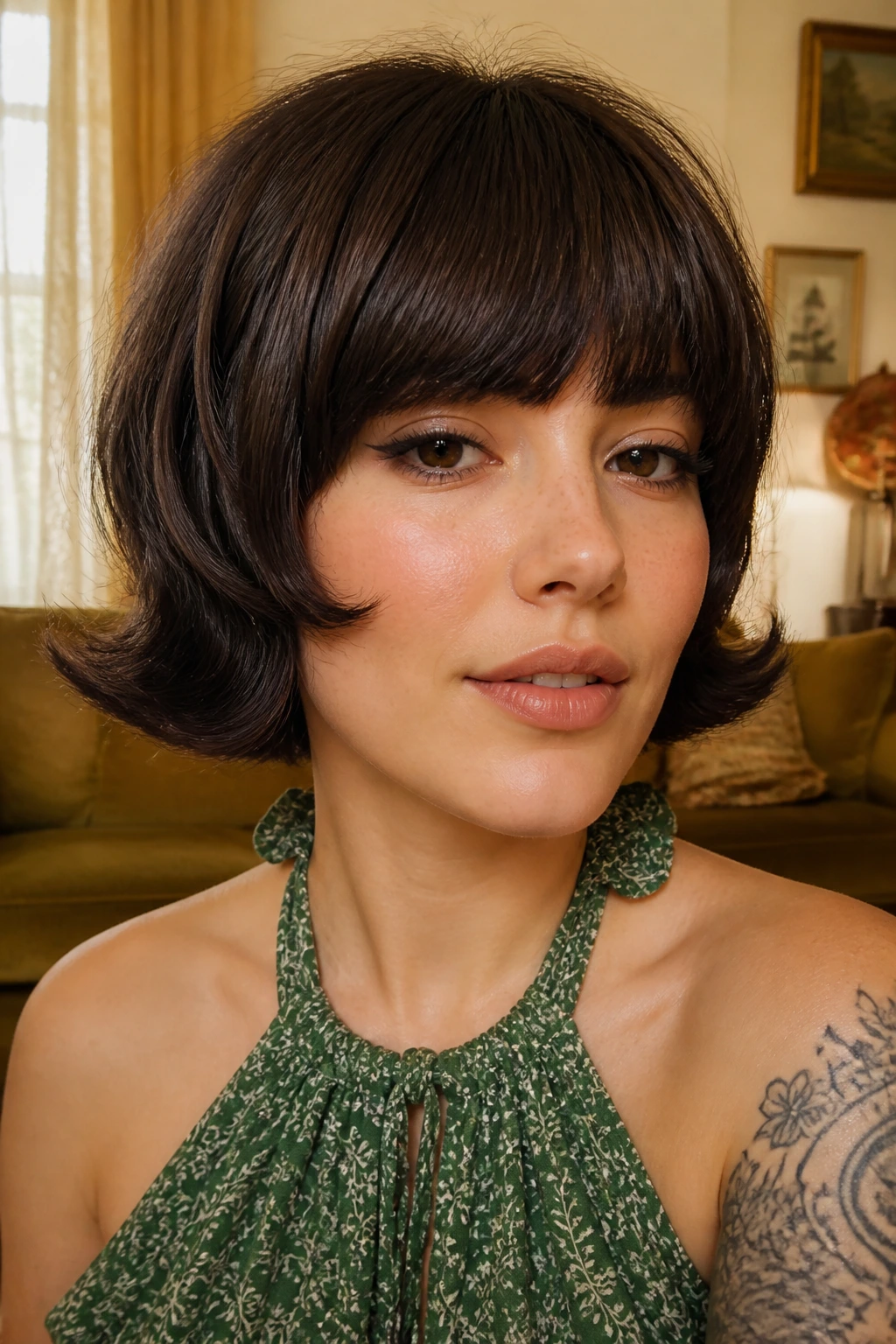 Close-up of a real person with a flippy retro crop and full fringe
