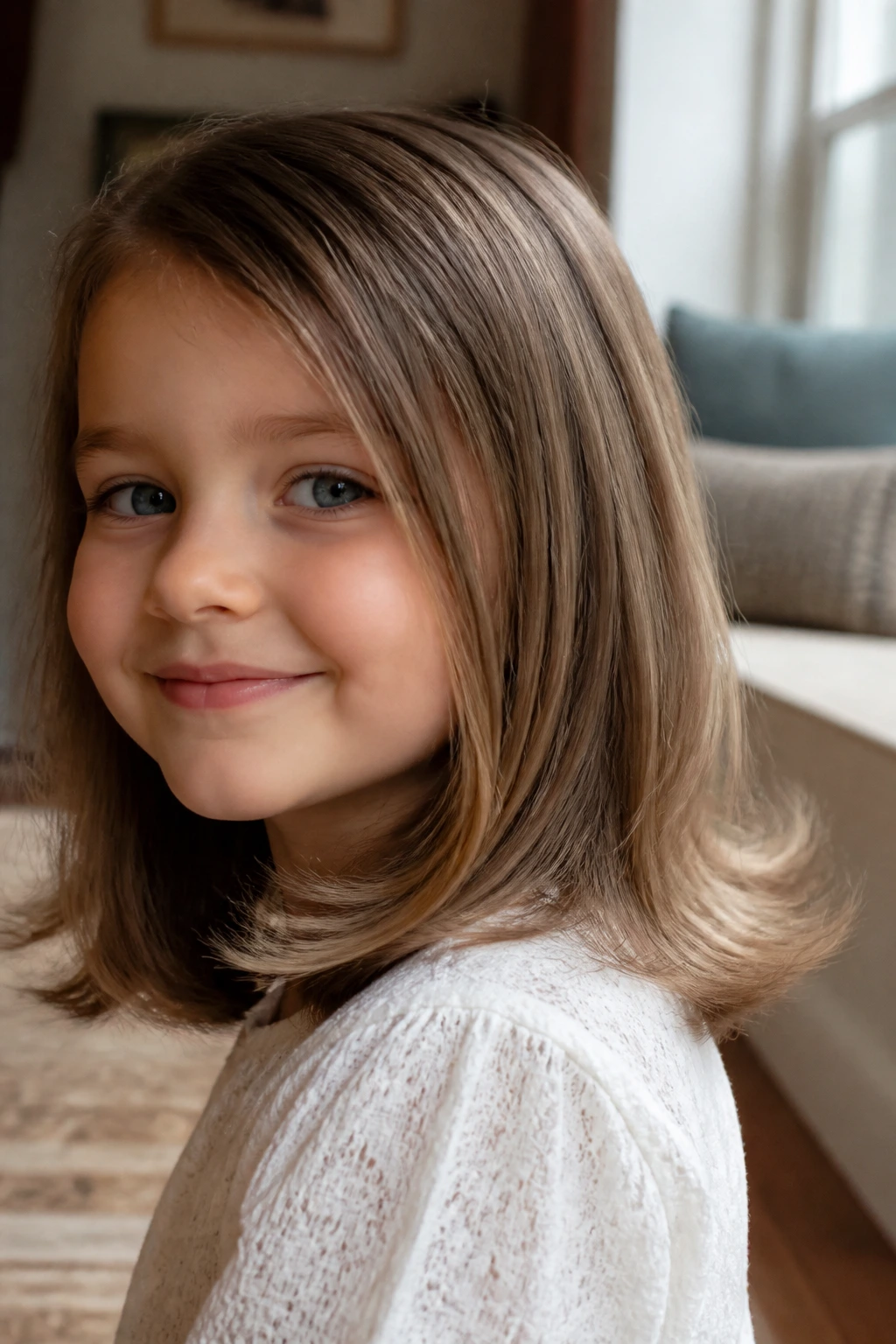 Portrait of a girl with Flippy Shoulder Cut showing outward-flipped ends