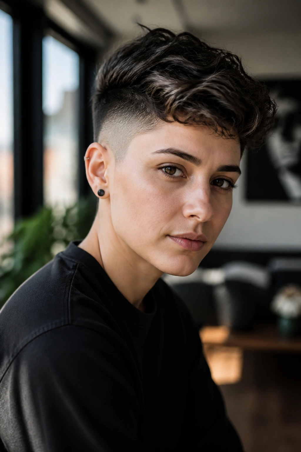 Portrait of a real person with a floating-top undercut in an urban interior.