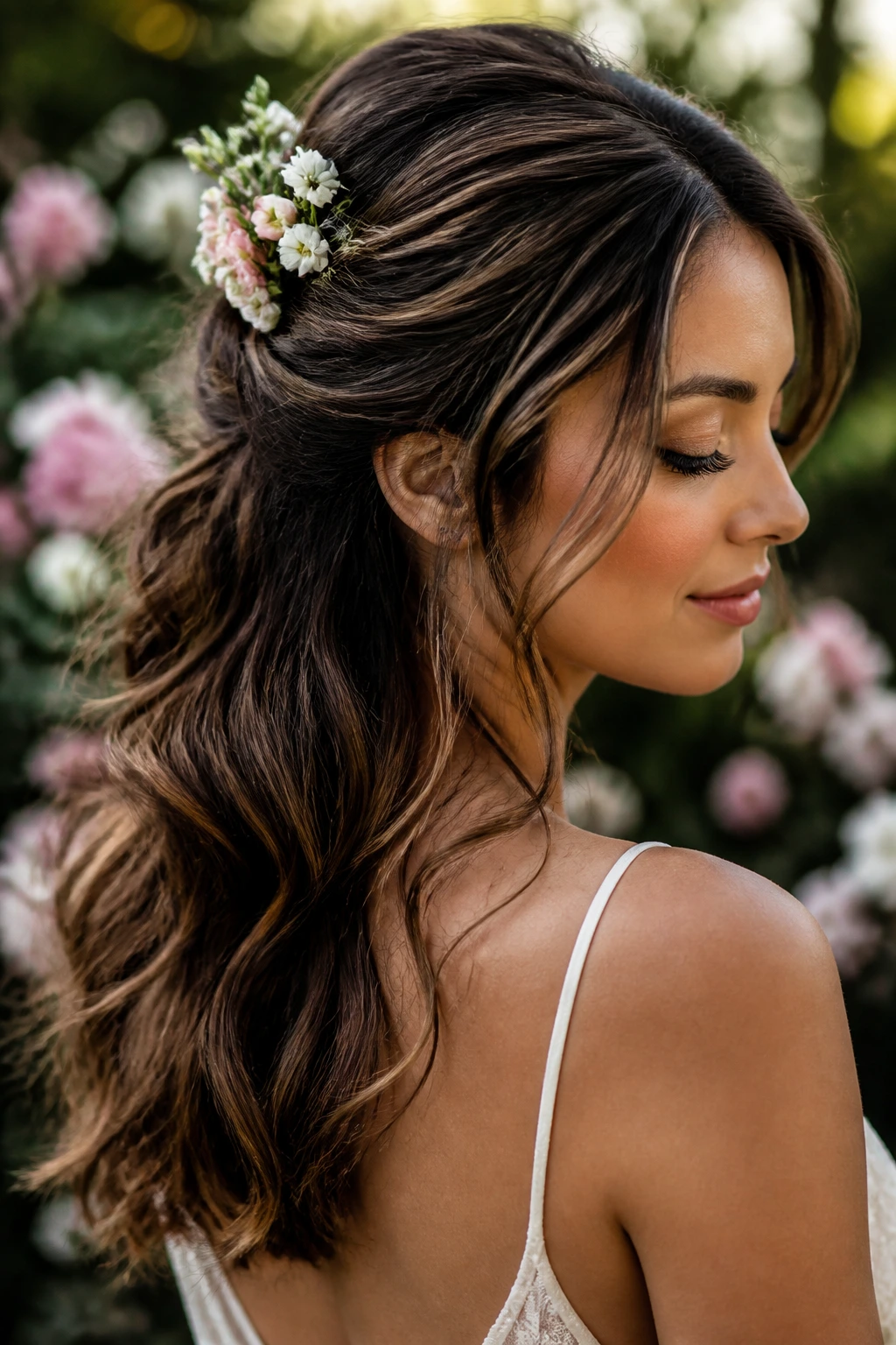 Close-up of a real woman with a floral accent half-up hairstyle in a garden