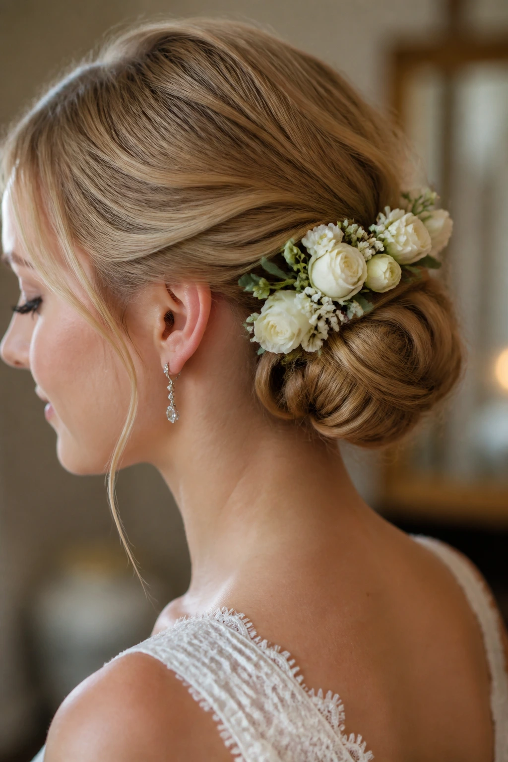 Close up of real bride wearing a low floral anchor bun with hidden pins and small blooms