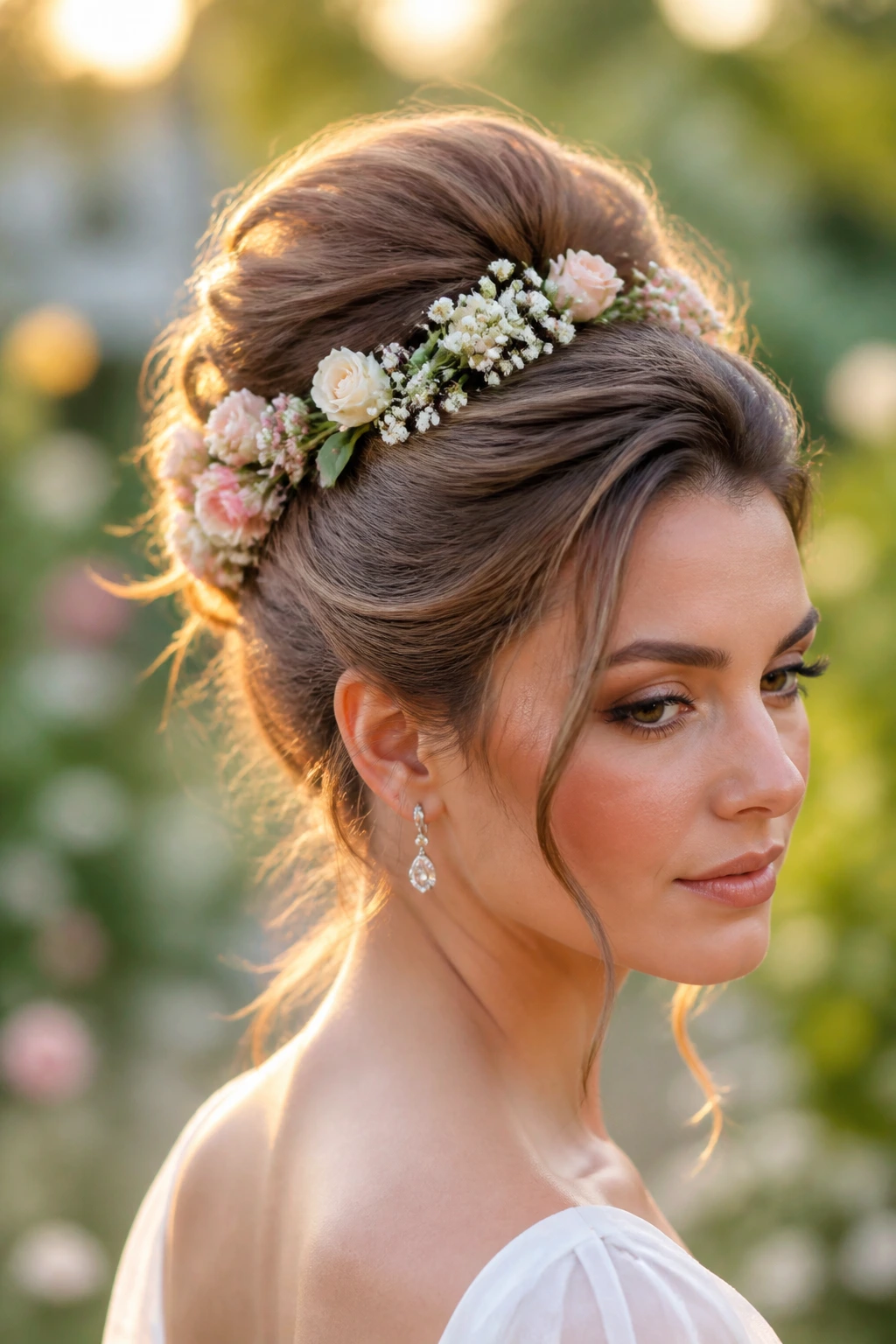 Floral bouffant updo close-up portrait with small flowers around crown.