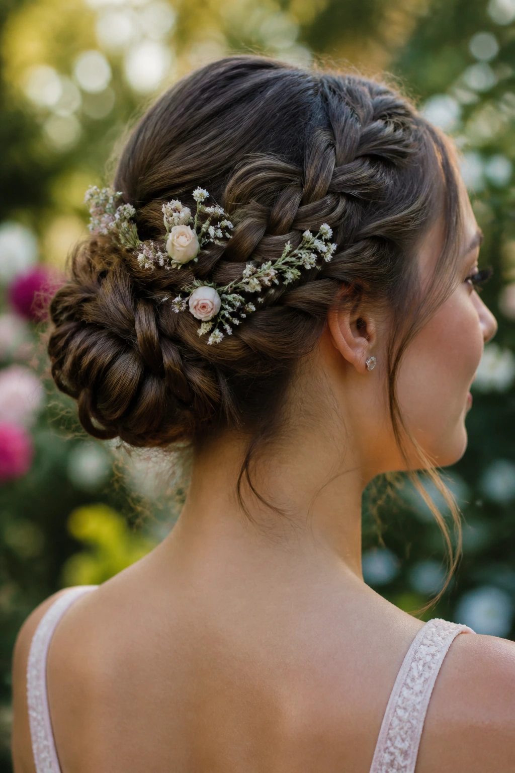 Three-quarter view of a real woman with a floral braided bun