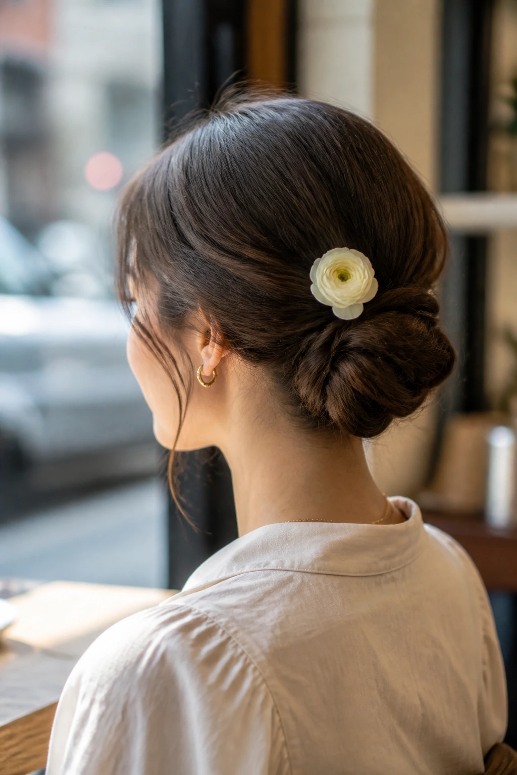 Close-up of a floral chignon with a single flower tucked near the bun