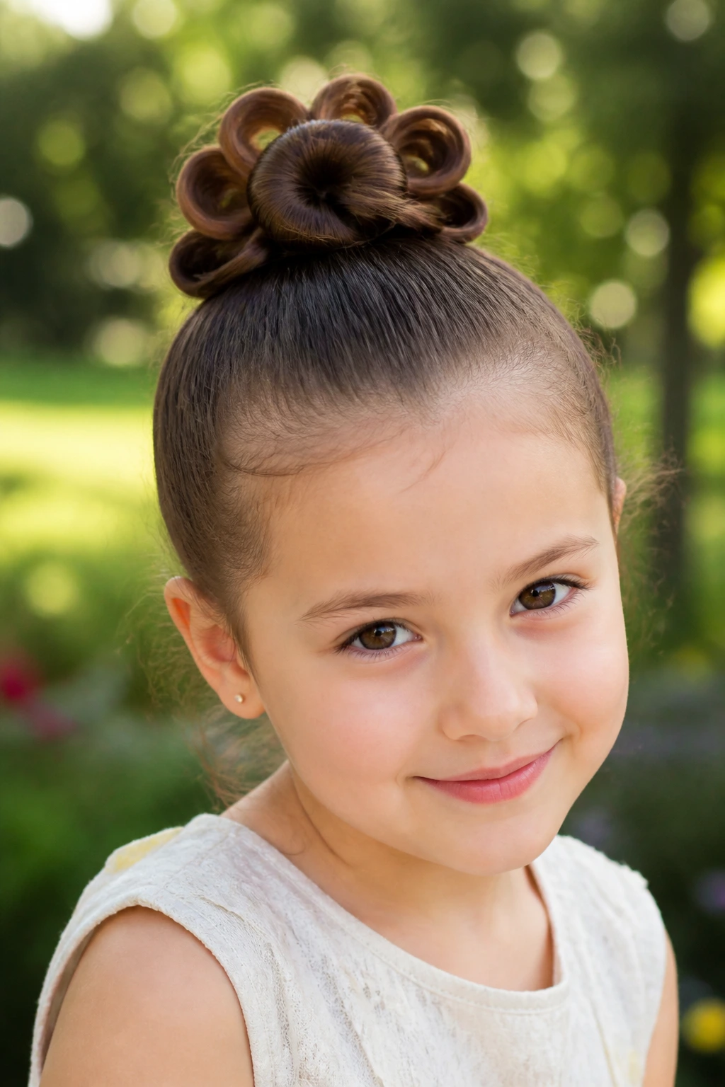 Close-up of a child with a floral bun featuring petal-like loops