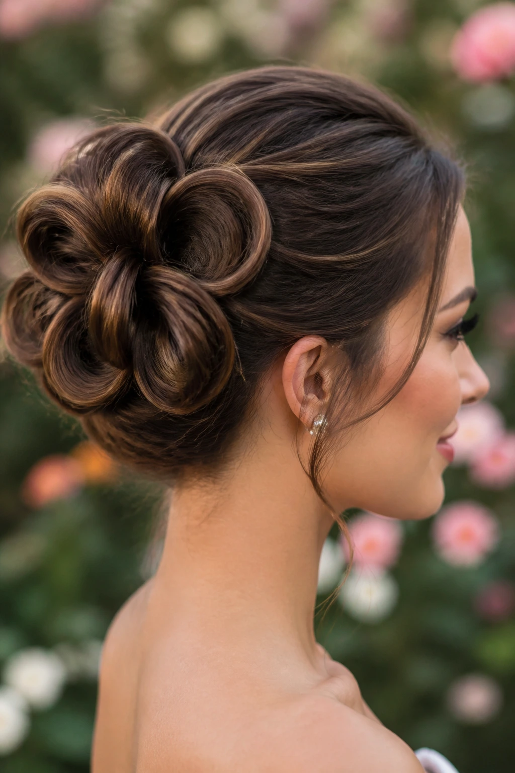 Close-up of a real woman with a floral bun resembling petals around a center