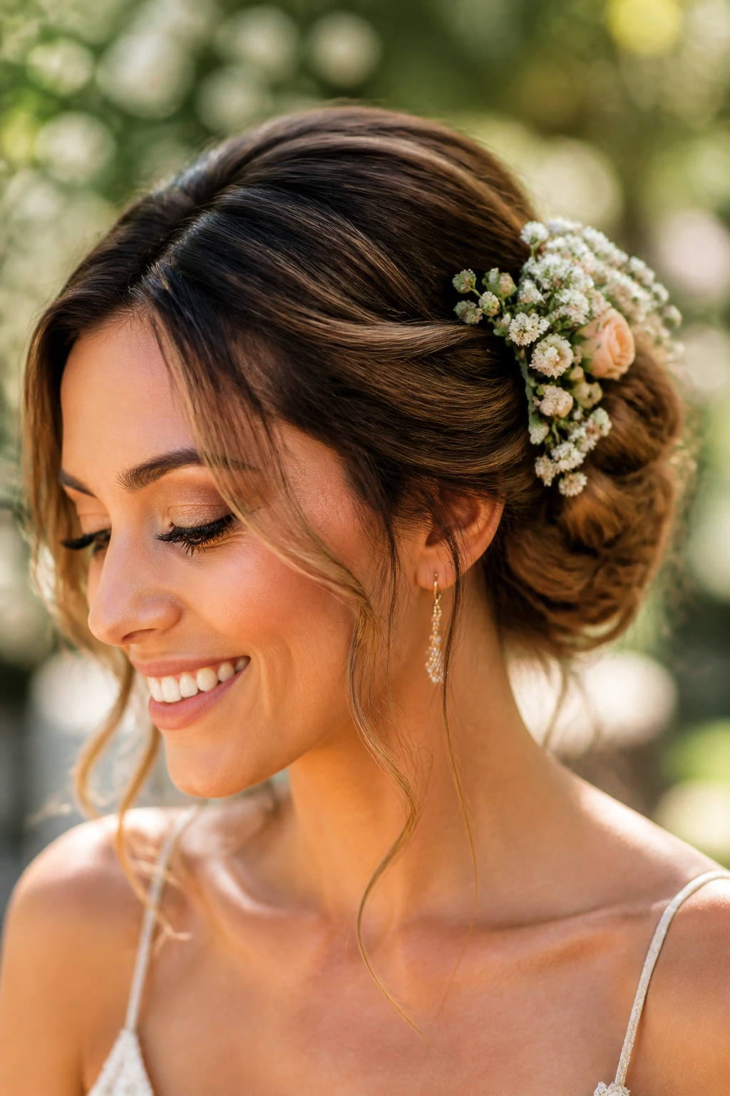 Close-up of a floral chignon with tiny blossoms woven into hair on a real person