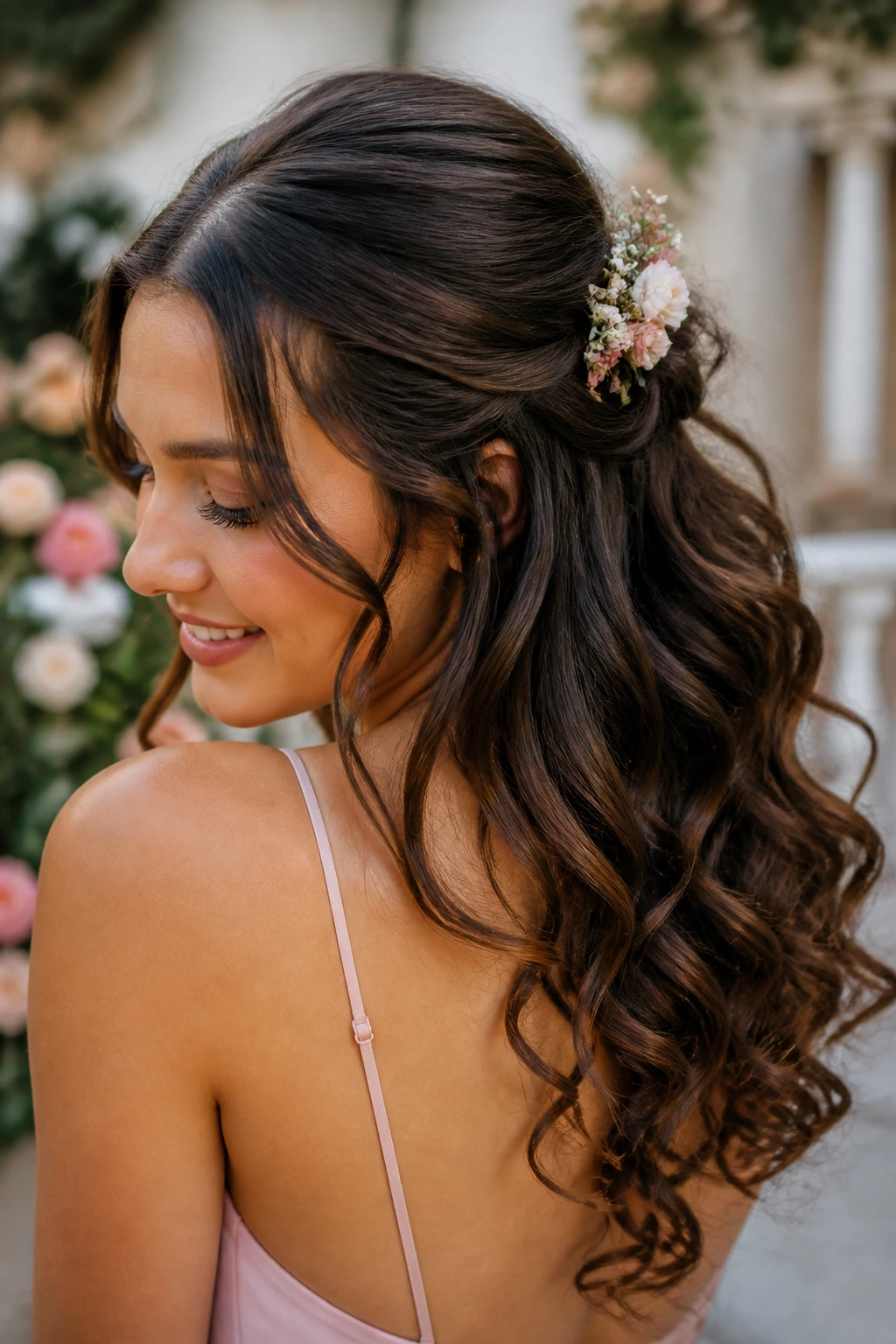 Close-up of a real person wearing a floral clip half-up hairstyle with soft curls