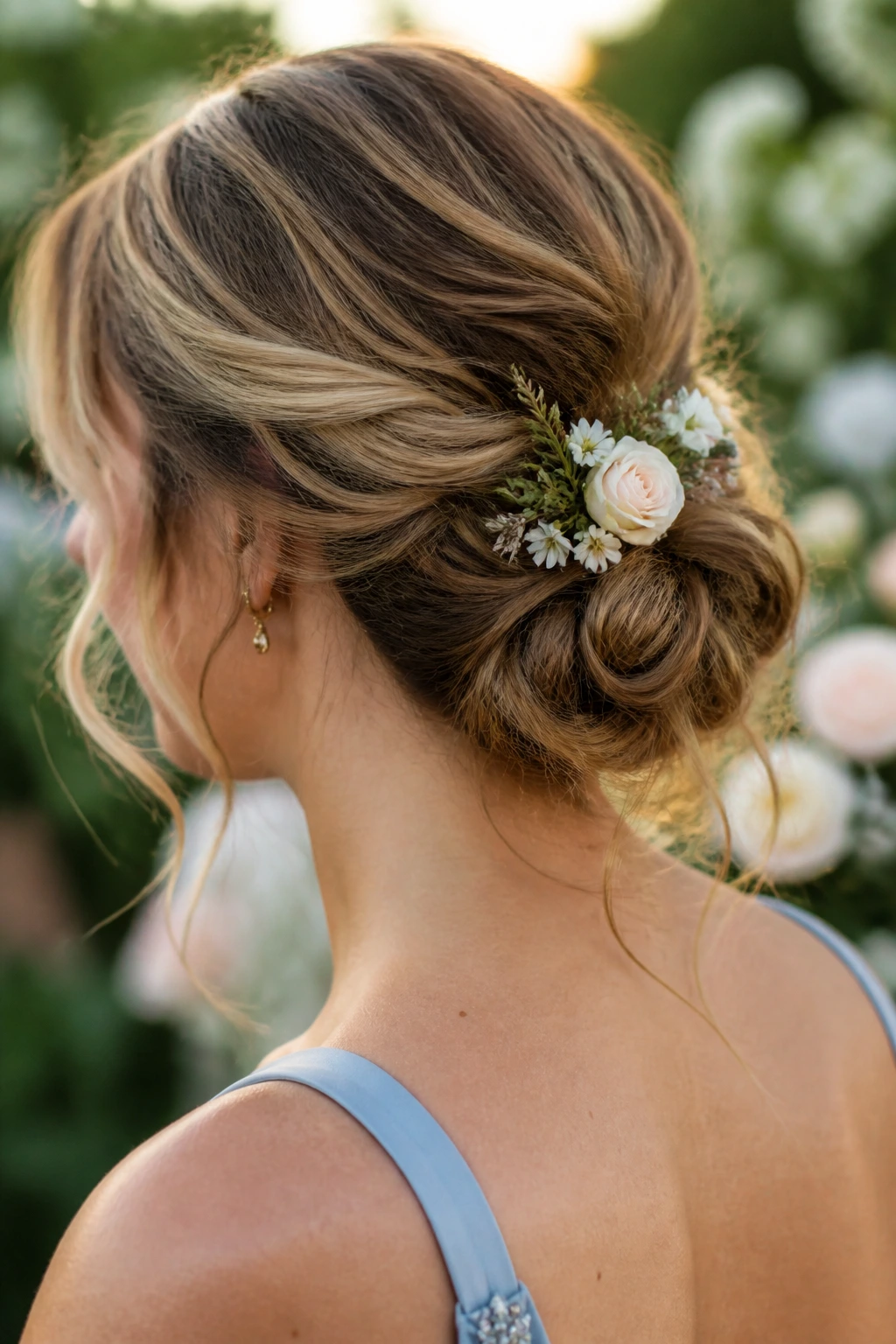 Close-up of a loose bun with a floral comb tucked in the hair.