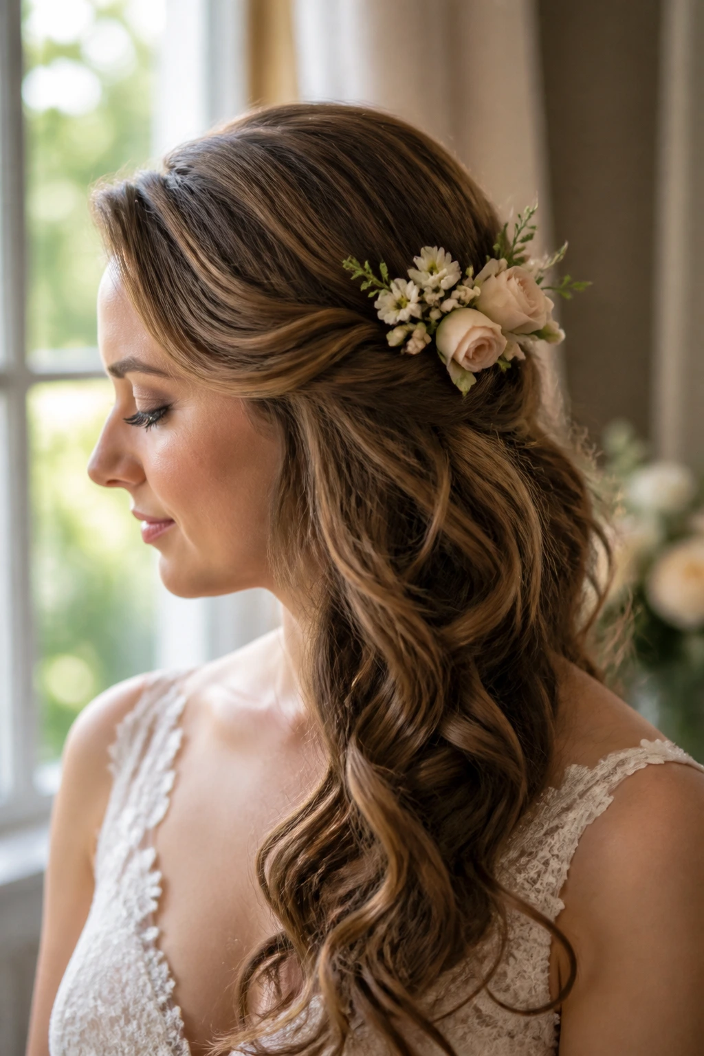 Bride with waves swept to one side secured by a floral comb