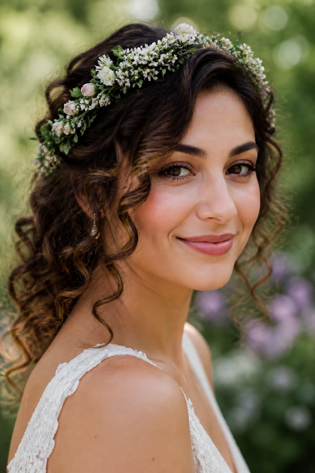 Bride with floral crown and defined loose curls outdoors