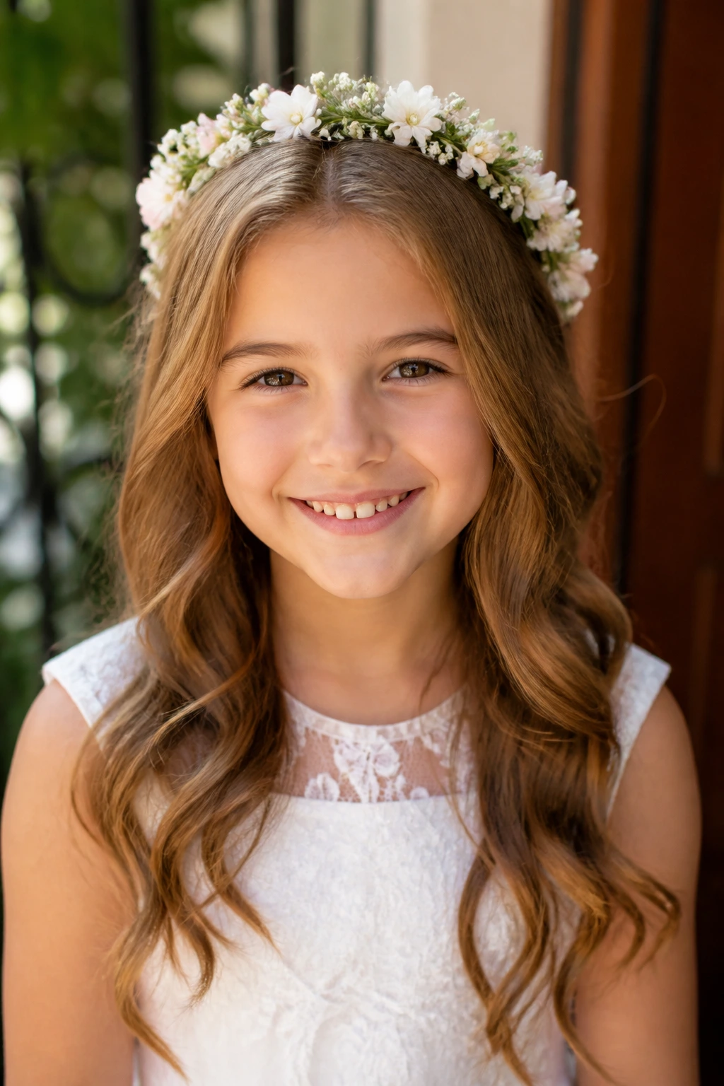 Front portrait of a child with a floral crown and soft waves