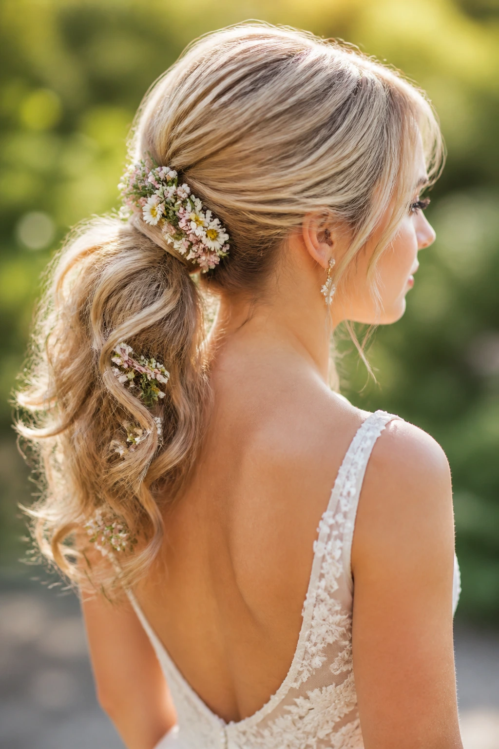 Close-up of floral-accents garden ponytail on real bride with tiny blooms