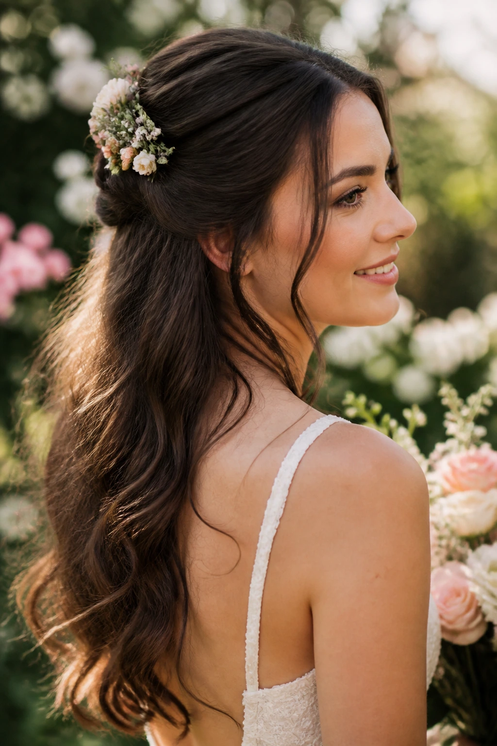 Close-up of a real bride with floral half-up hairstyle in garden light