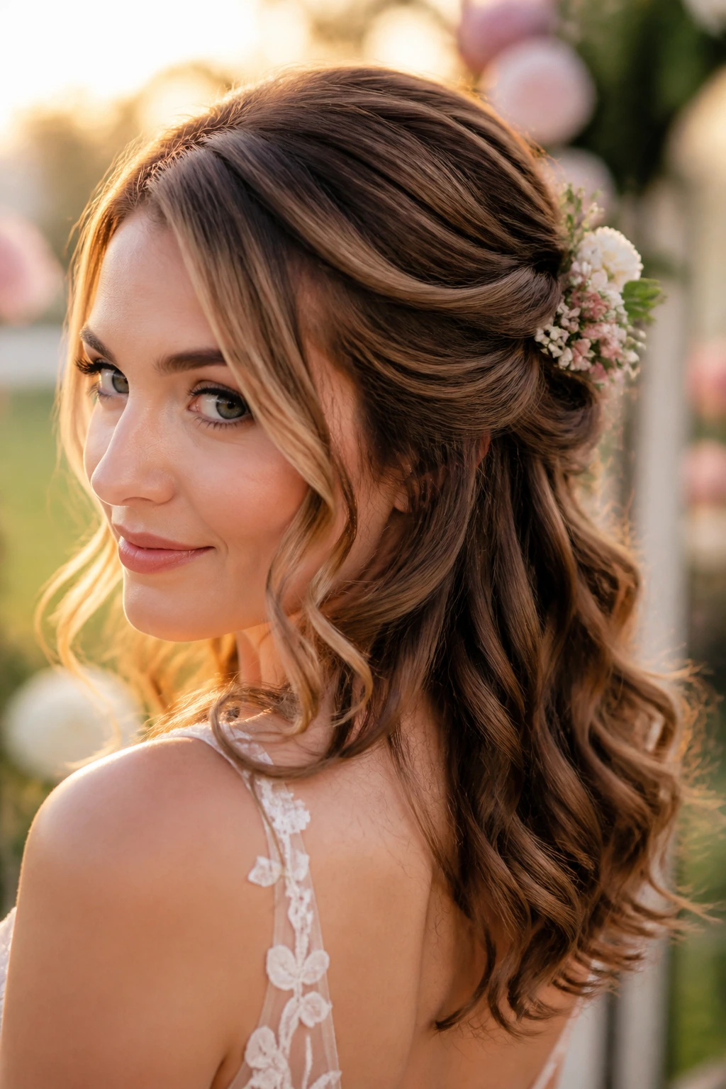 Bride with floral half-up and soft curls, small flowers accenting the hair