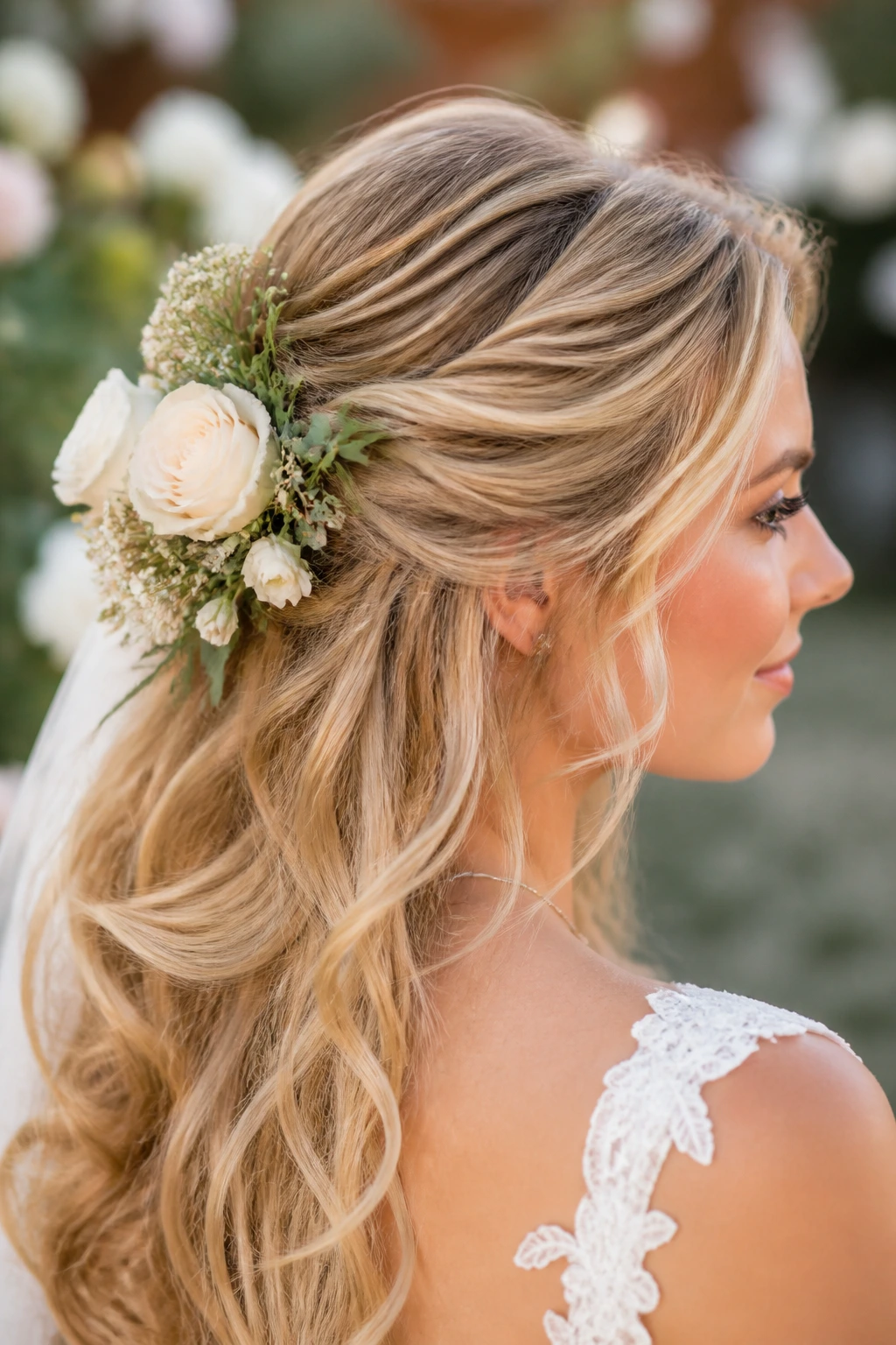 Bride with floral half-up hairstyle and extension padding